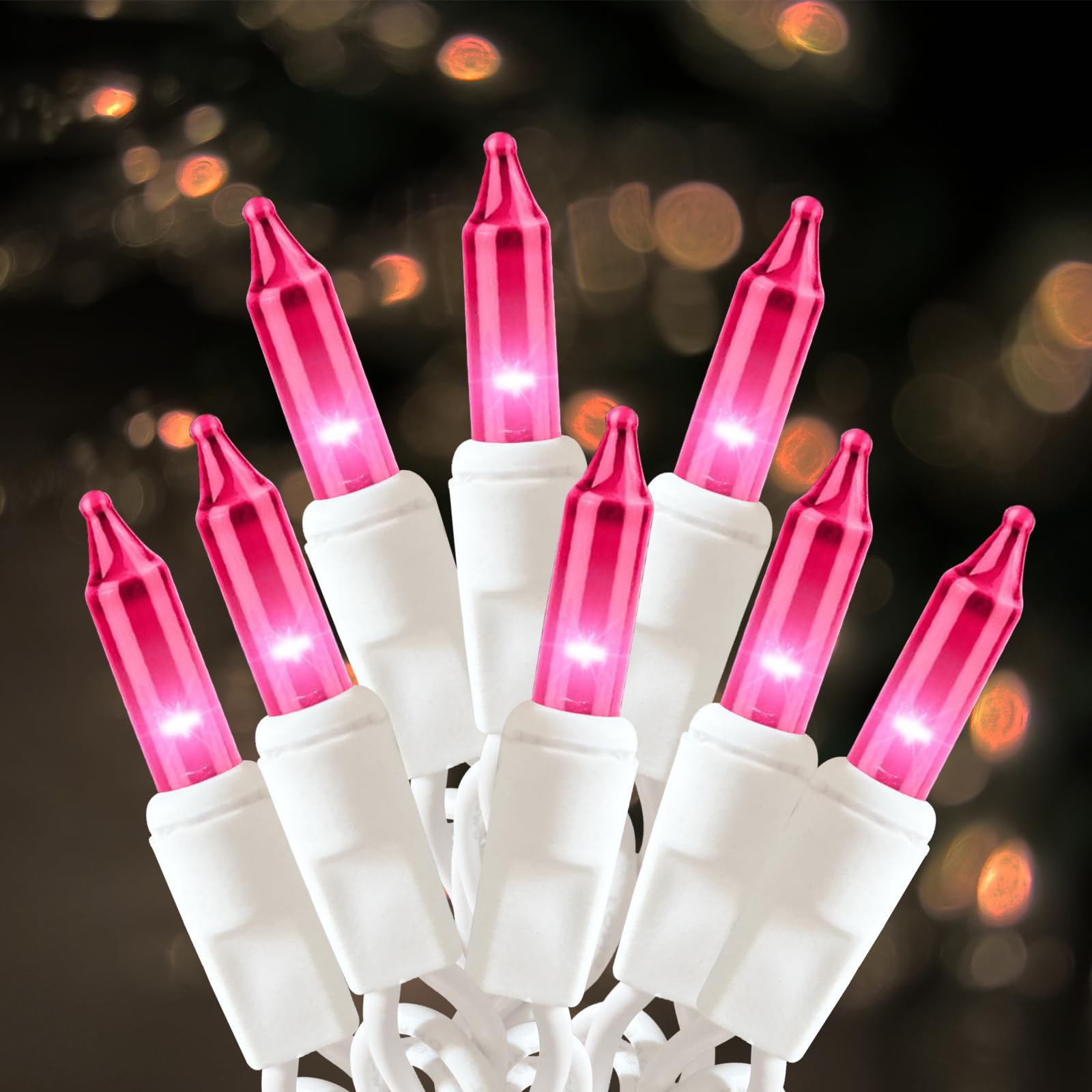 Phewnyzo  Pink Christmas Tree String Lights 100 Count 21 Feet Indoor Outdoor Decorative Lighting with White Wire Connectable and Waterproof