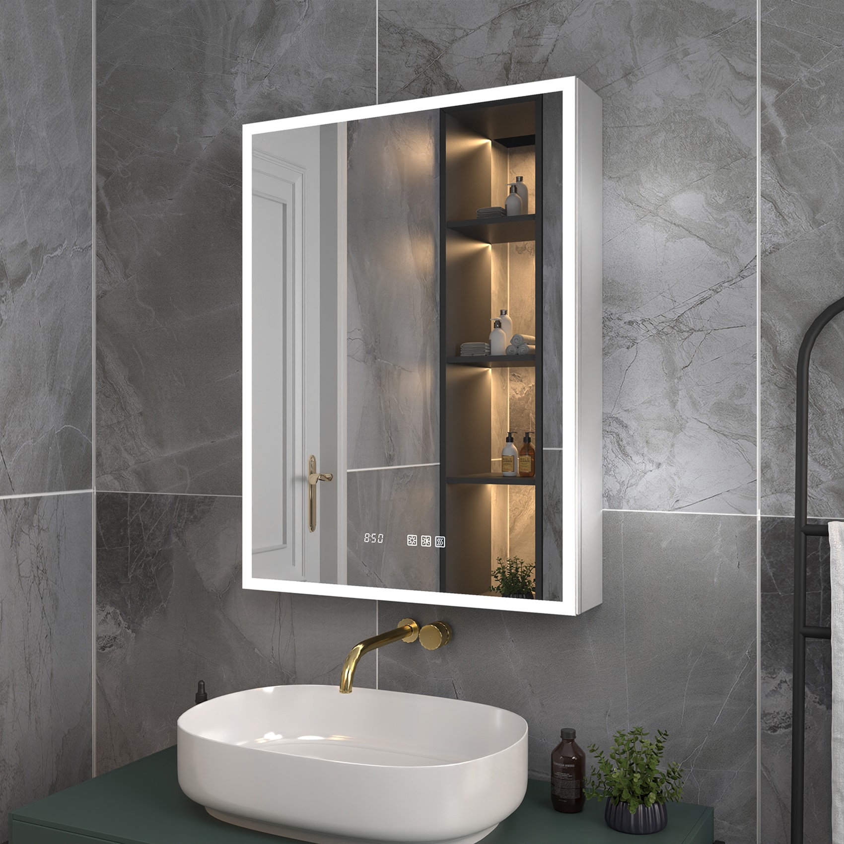 ExBrite EXMC2430V8LX Glare 24-in x 32-in Lighted LED Fog Free Surface/Recessed Mount Moonlit Silver Mirrored Rectangle Soft Close Medicine Cabinet with Outlet