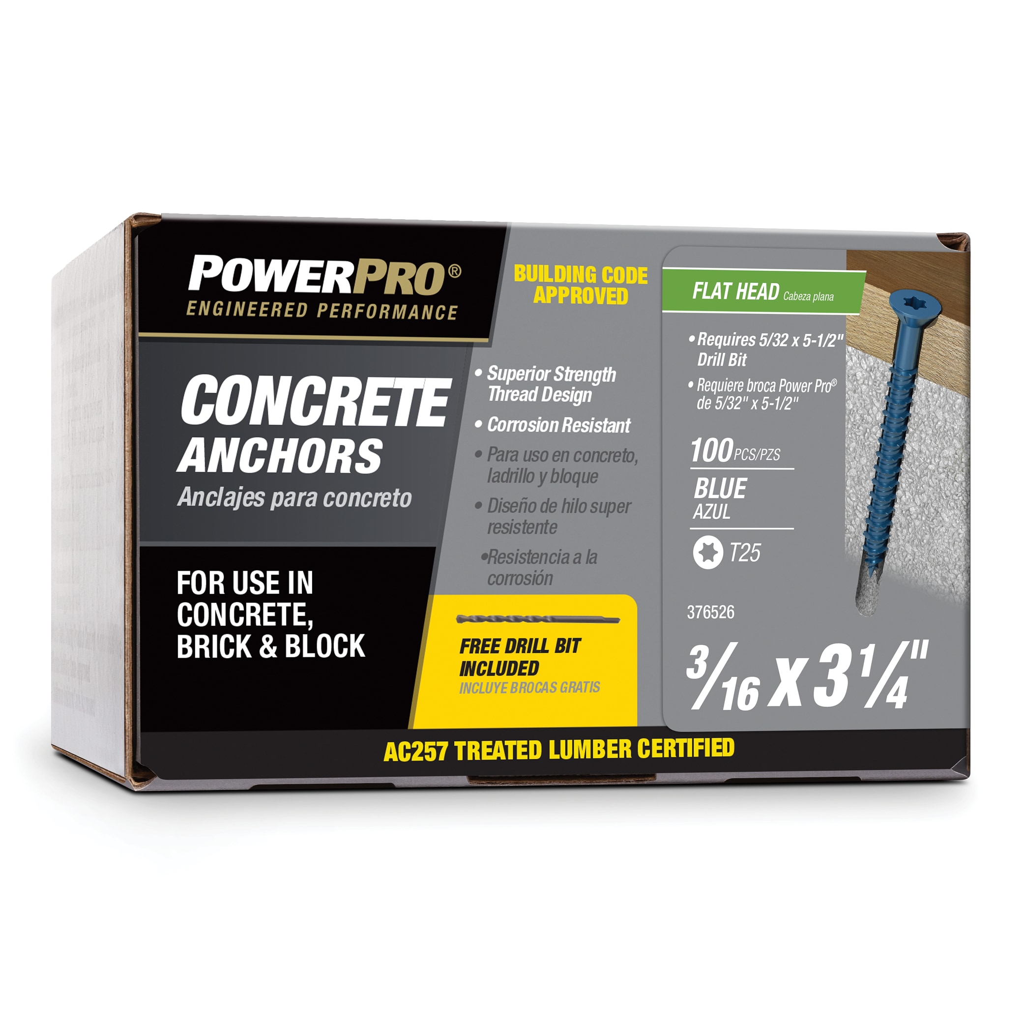 Power Pro 376526 230-lb 3/16-in x 3-1/4-in Concrete Screws Anchors 100 -Pack