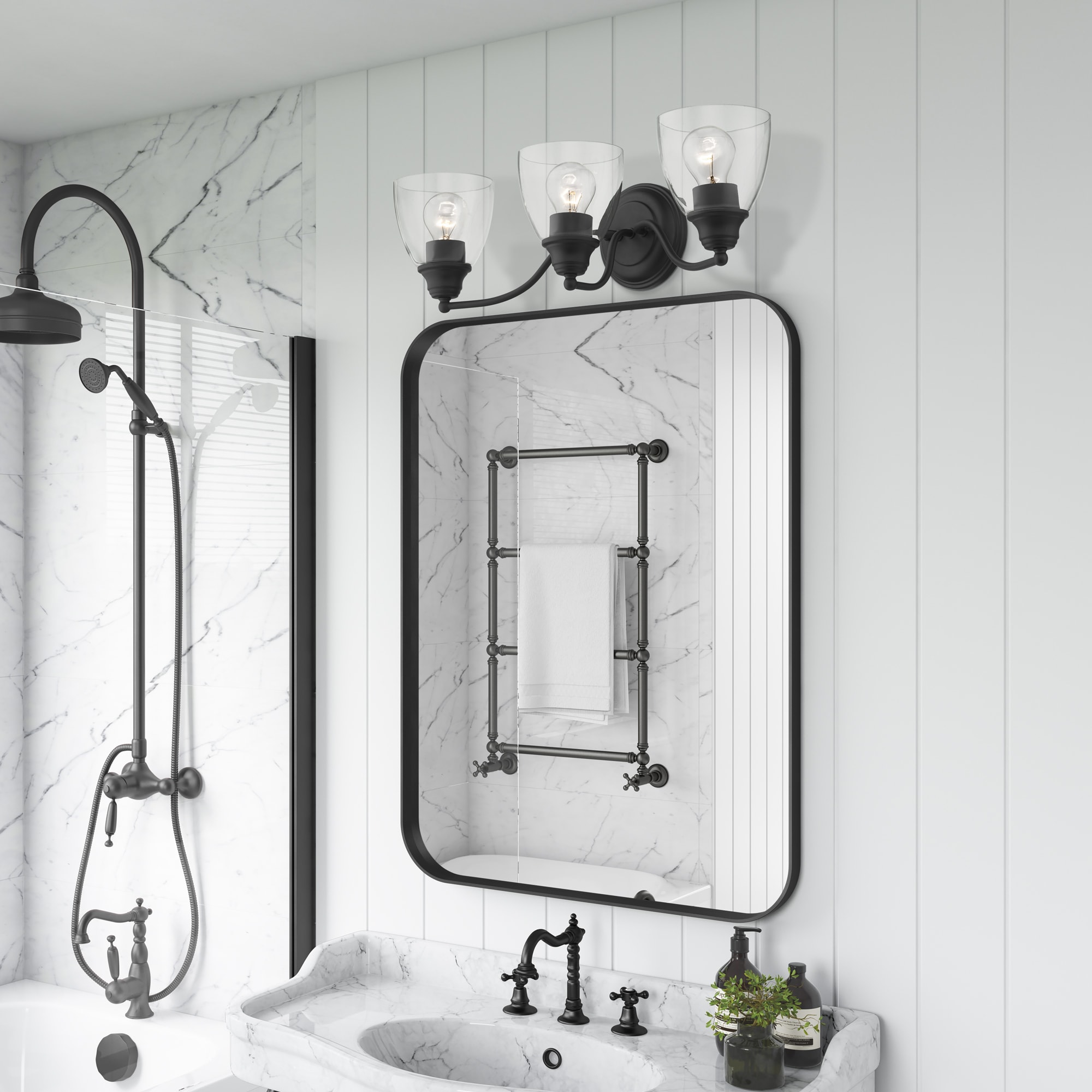 Montgomery Black Steel 3-Light Vanity with Clear Glass Shades