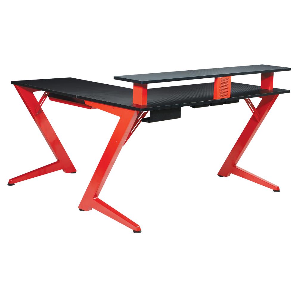 Black L-Shape Gaming Desk with Integrated Power Outlet, USB, and Headphone Hook