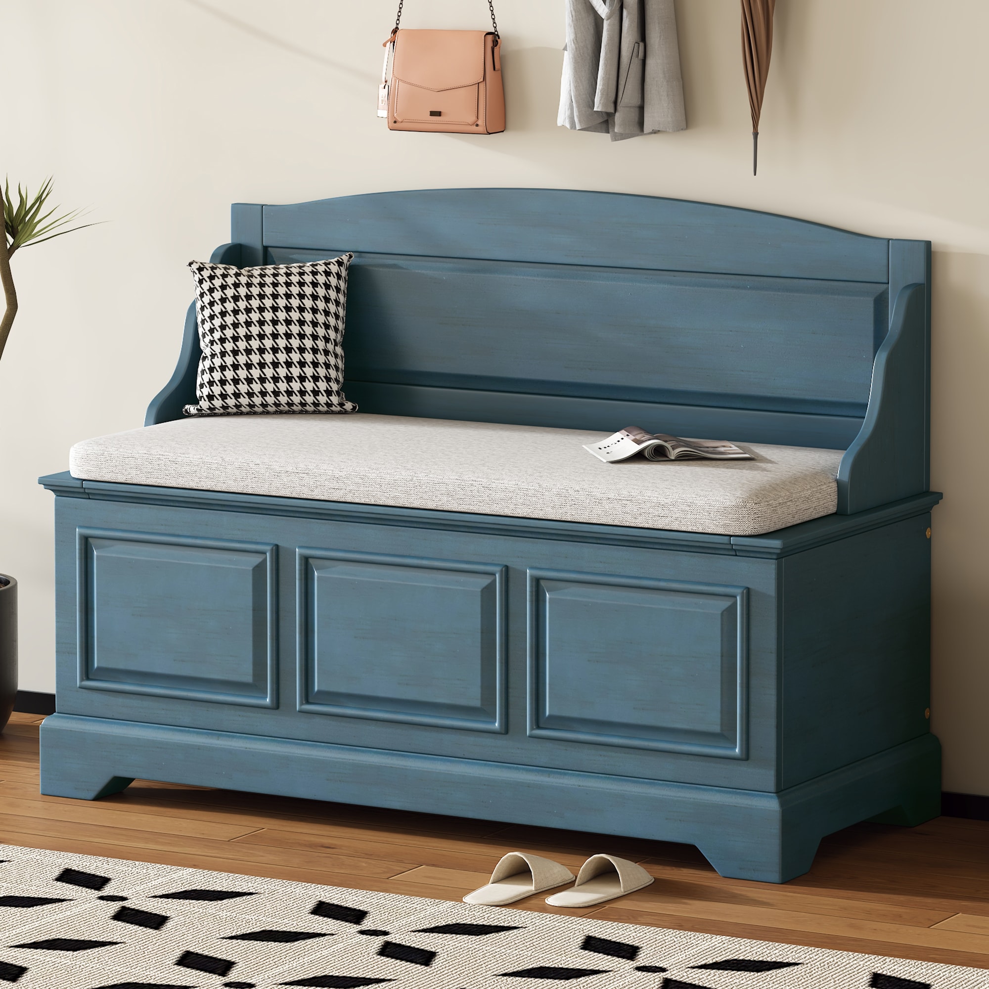 ModernLuxe N715P198568M Shoe Bench Retro Shoe Storage Bench with Safe SoftClose Devices Storage Chest with Hidden Storage and Cushion for Entryway Hallway Living Room Antique Navy