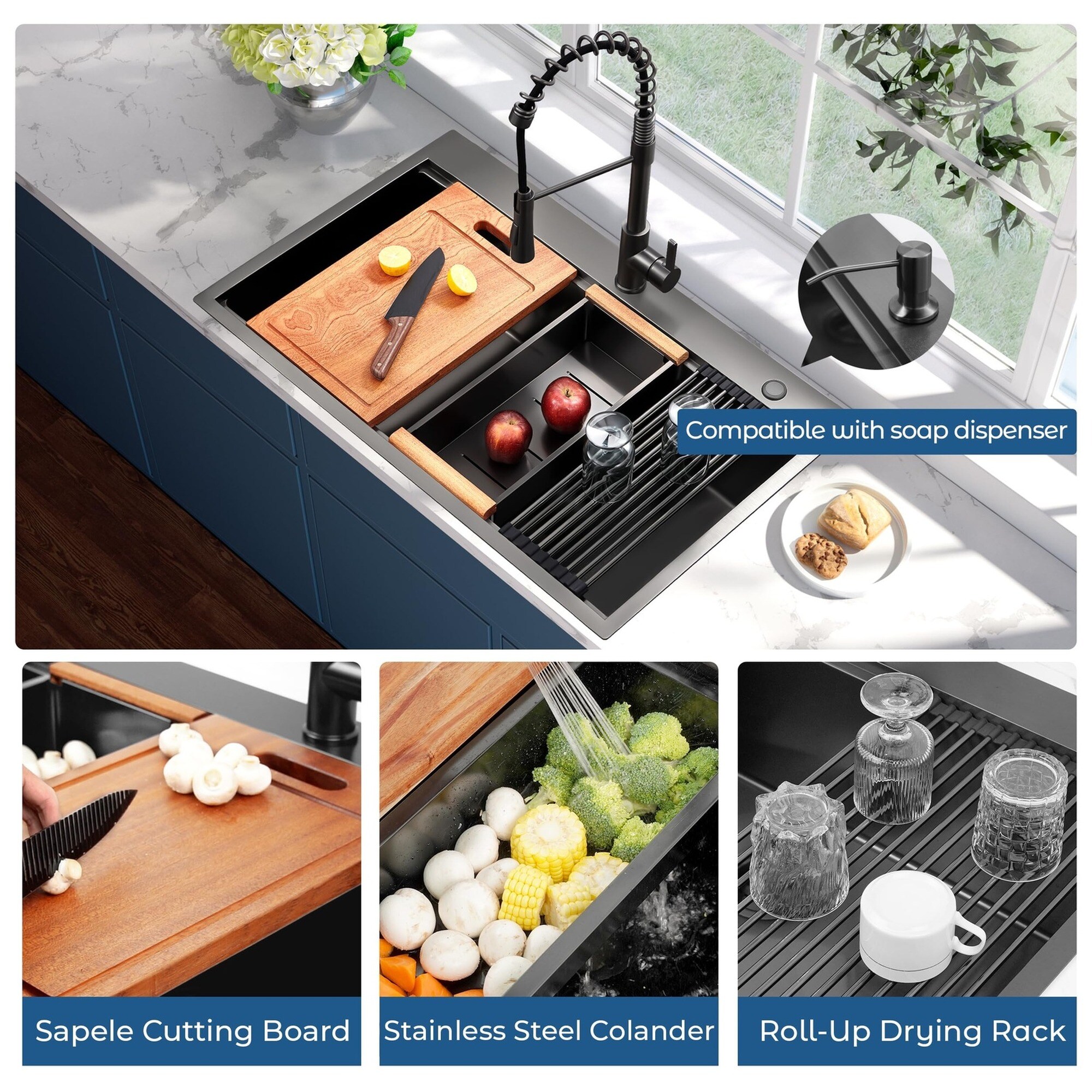 IAK 33 inch Gunmetal Black Stainless Steel Drop In Kitchen Sink with Pull Out Faucet Combo