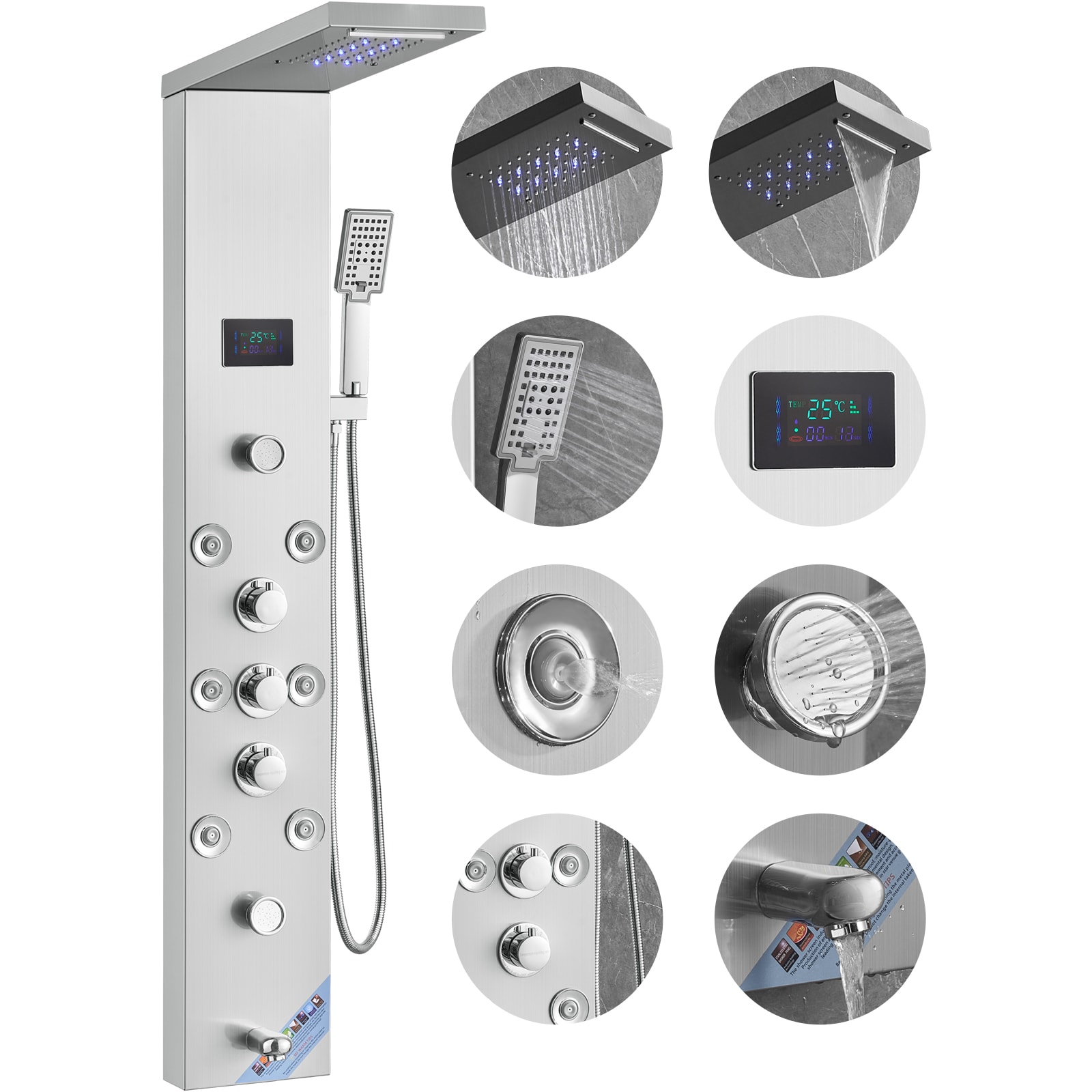 VEVOR SCFTYS6CS2MS03390V9 Shower Panel System  6 Shower Modes  LED and Screen Hydroelectricity Shower Panel Tower  Rainfall  Waterfall  8 Massage Jets  Tub Spout  Handheld Shower  Stainless Steel Wall-Mounted Shower Set