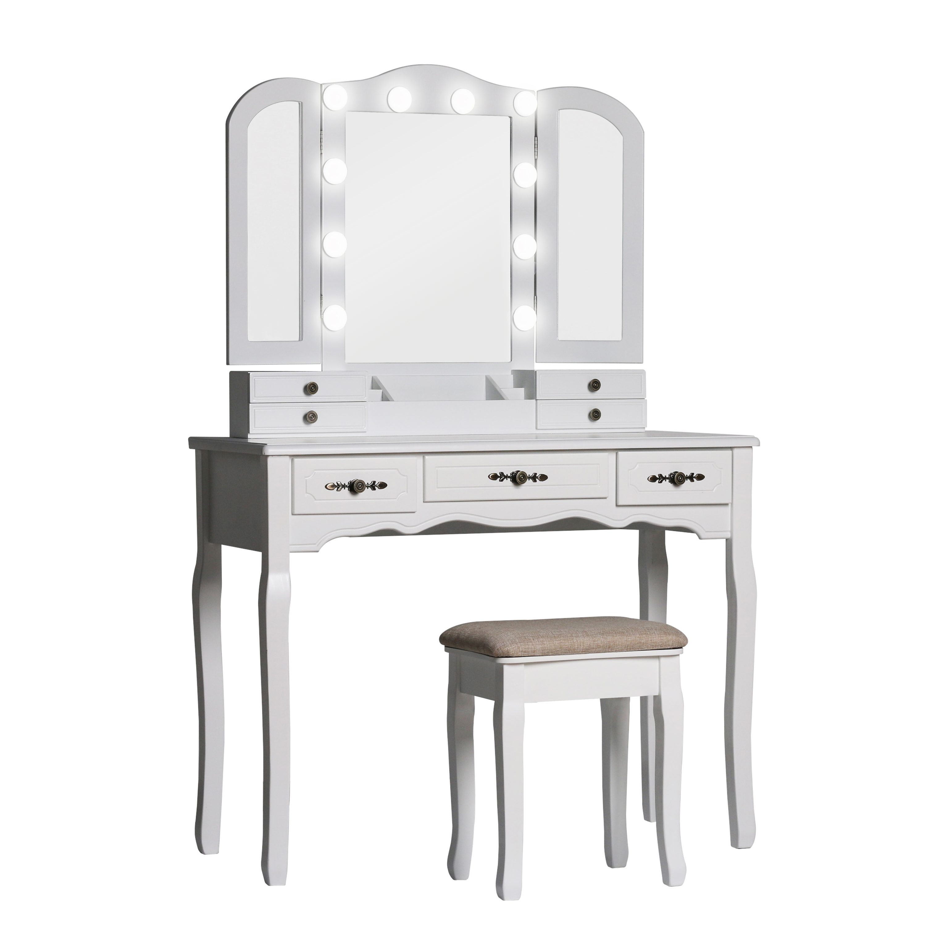 Veikous Makeup Vanity Desk Set With, Vanity Desk With Drawers And Lighted Mirror