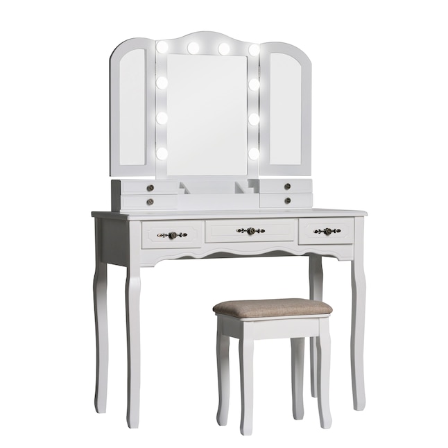 Veikous 39 In White Makeup Vanity, Triple Mirror Vanity Desk