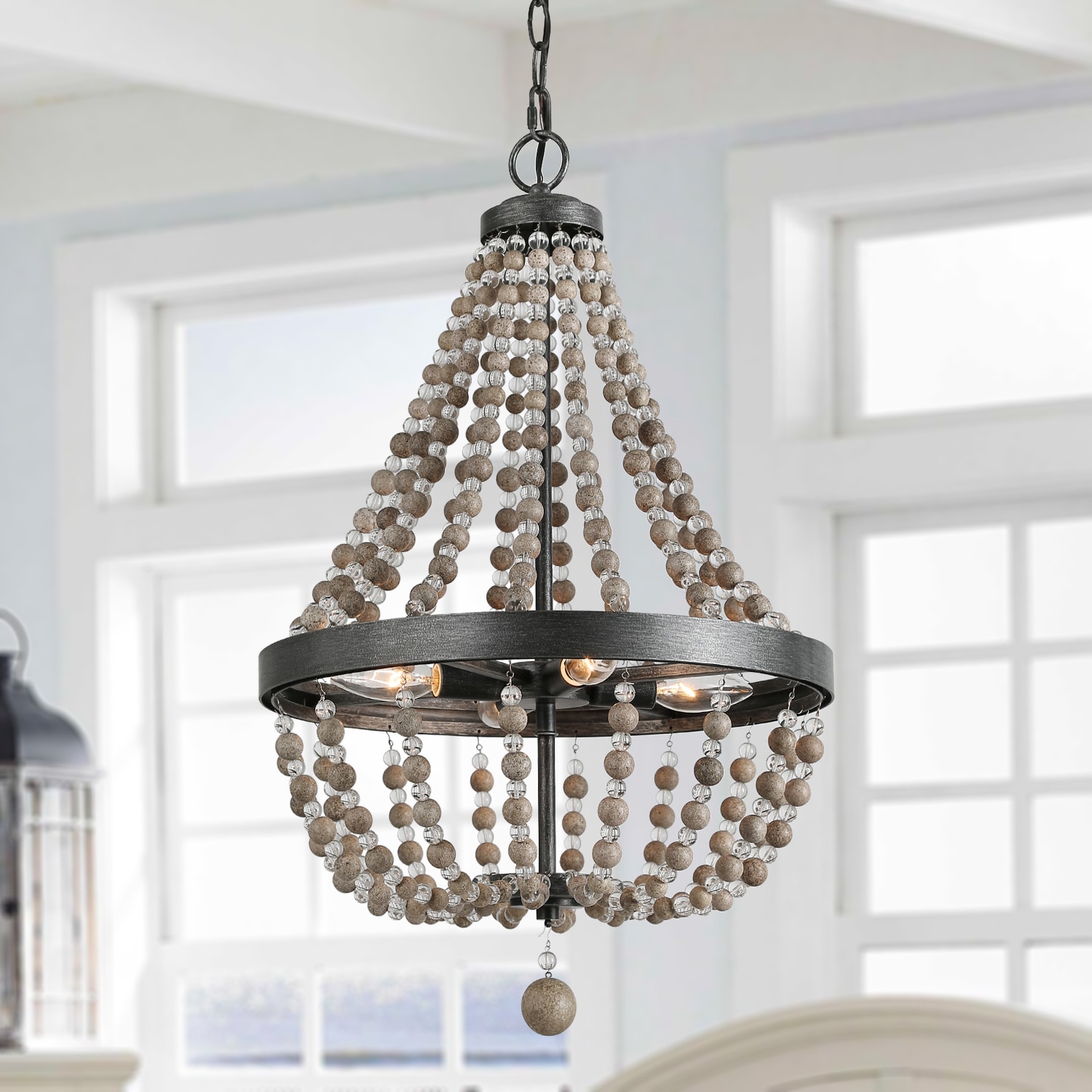 LNC Mocha 4-Light Distressed Wood and Brushed Black Silver Bohemian/Global  LED Dry Rated Chandelier