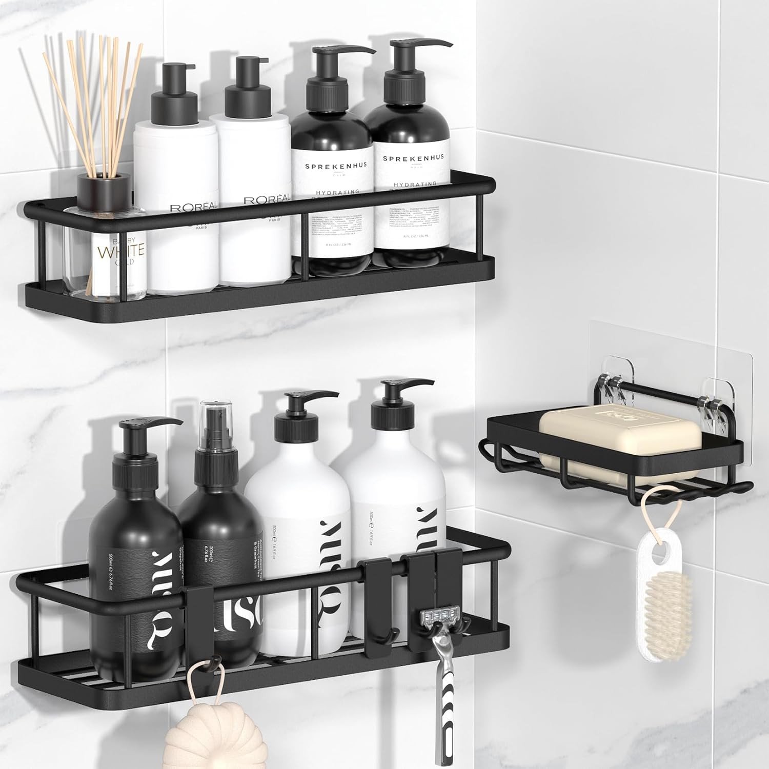 YASONIC  Shower Caddy Adhesive No Drill Bathroom Shower Organizers with Removable Hooks and Soap Holder Rust Proof Shower Shelves Wall Mounted Shower Holder 3 Pack Black