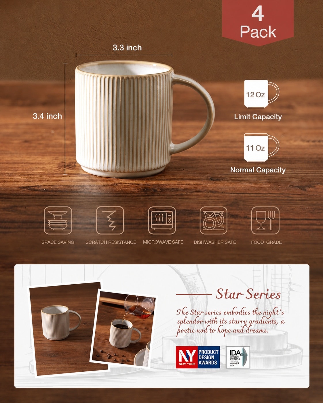 Aoibox 12 oz Cappuccino White Handcrafted Stoneware Coffee Mug with ...