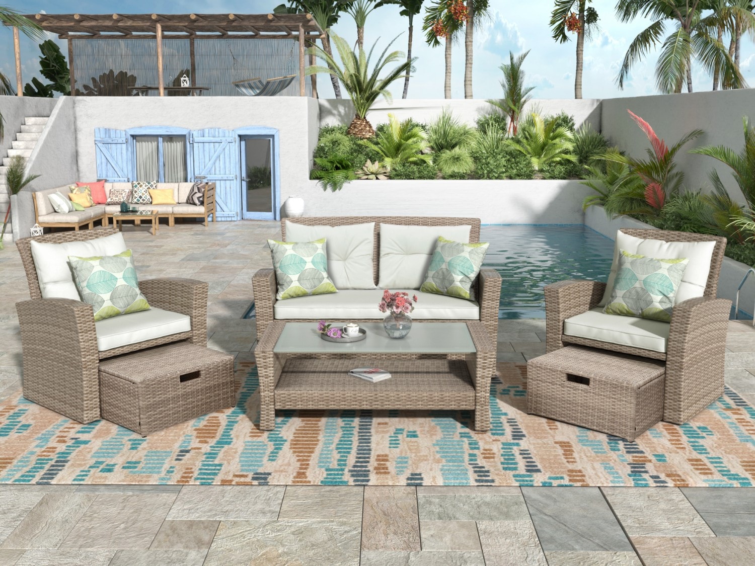 Dimakai DK-US-98AAA 4 -Piece Rattan 2 Patio Sofa Conversation Set with Beige Cushions