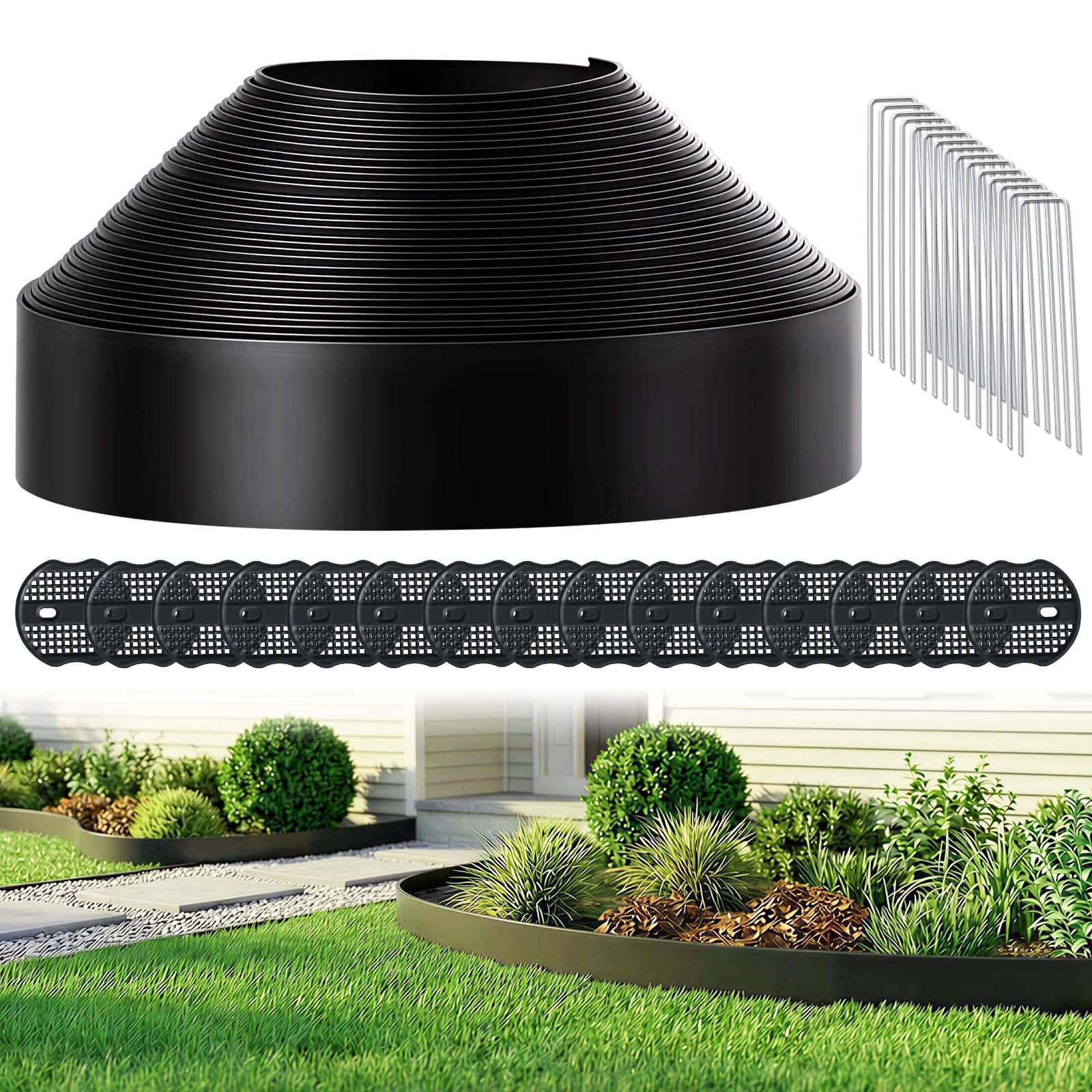 Phyfalip  No Dig Landscape Edging Kit 3 in x 100 ft Black Flexible Garden Lawn Border with 110 U Shaped Anchoring Stakes for Flower Beds and Yard