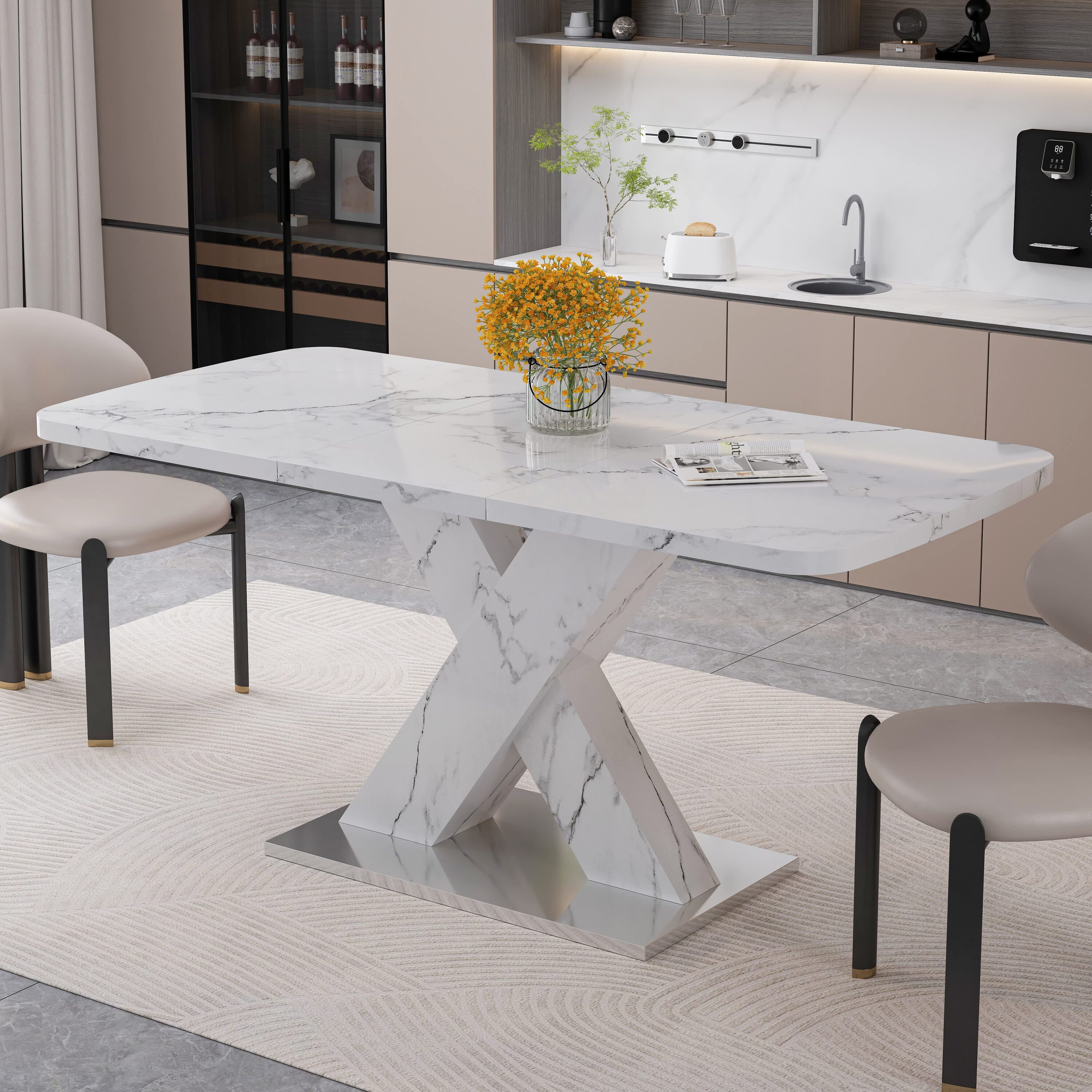 Vynxaria -  Modern Stretchable Rectangle Dining Table Printed White Marble MDF Top X Shape Legs M...