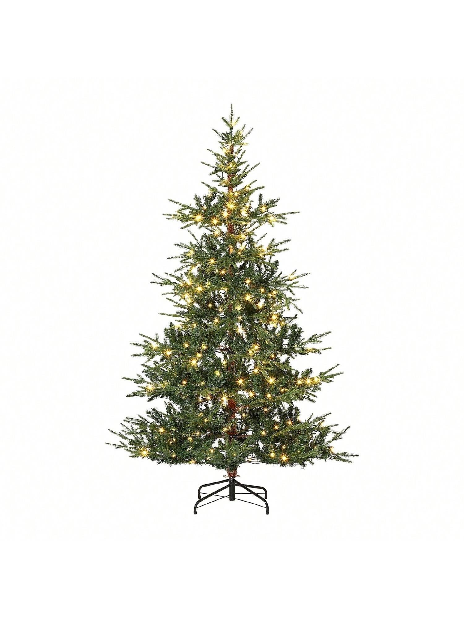 Qeetex BY-PHK-34YK8VLX Hinged 6ft Aspen Fir Artificial Christmas Tree - Pre-Lit With 300 Warm White LEDs 678 Branch Tips and Foldable Metal Base For Home Office Party Holiday Decor