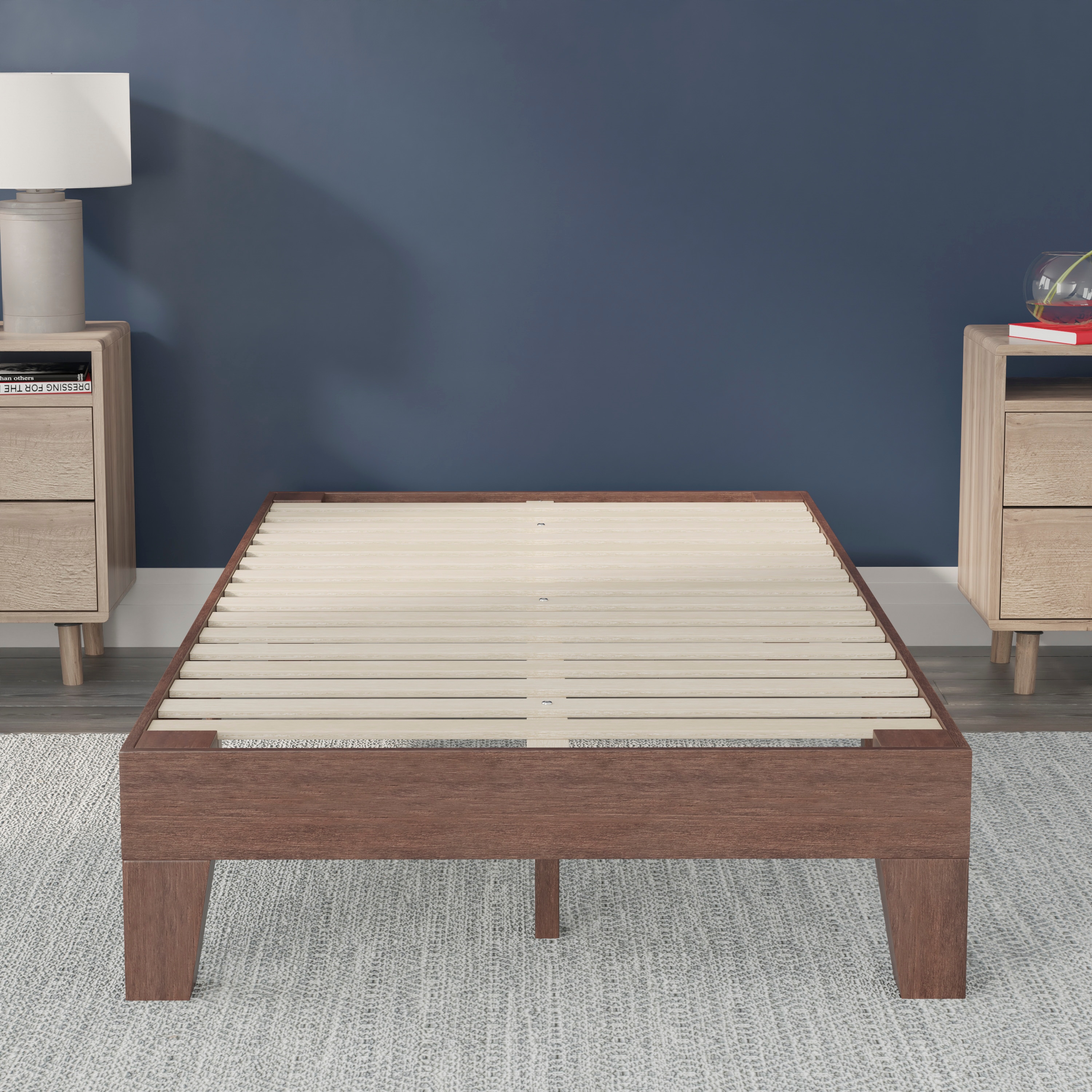 Walnut Twin Wood Platform Bed Frame with Slats