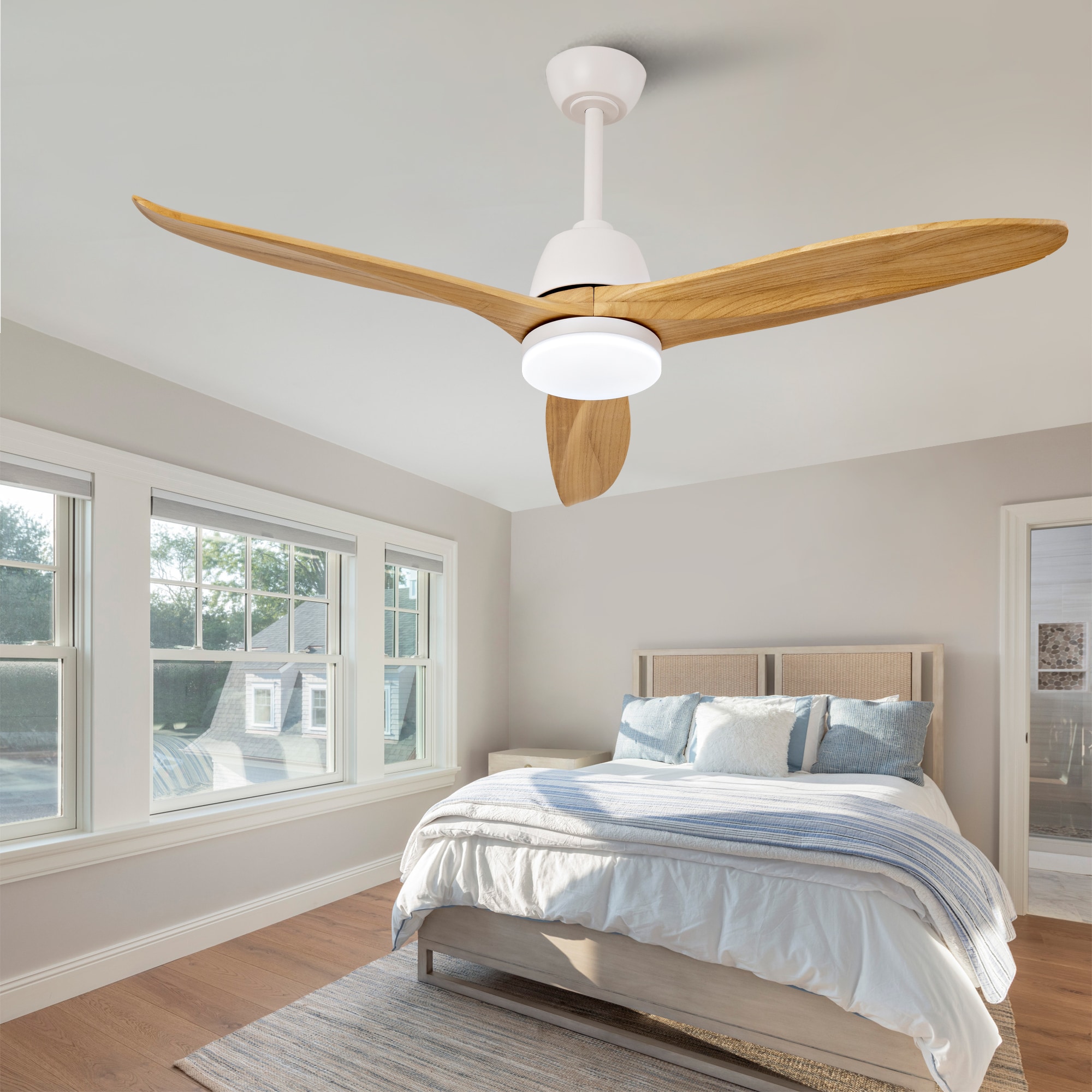 LOVMOR Hot sales 52 Inch Indoor Gold Ceiling Fan Dimmable LED 5 Wood Blades Remote DC Motor