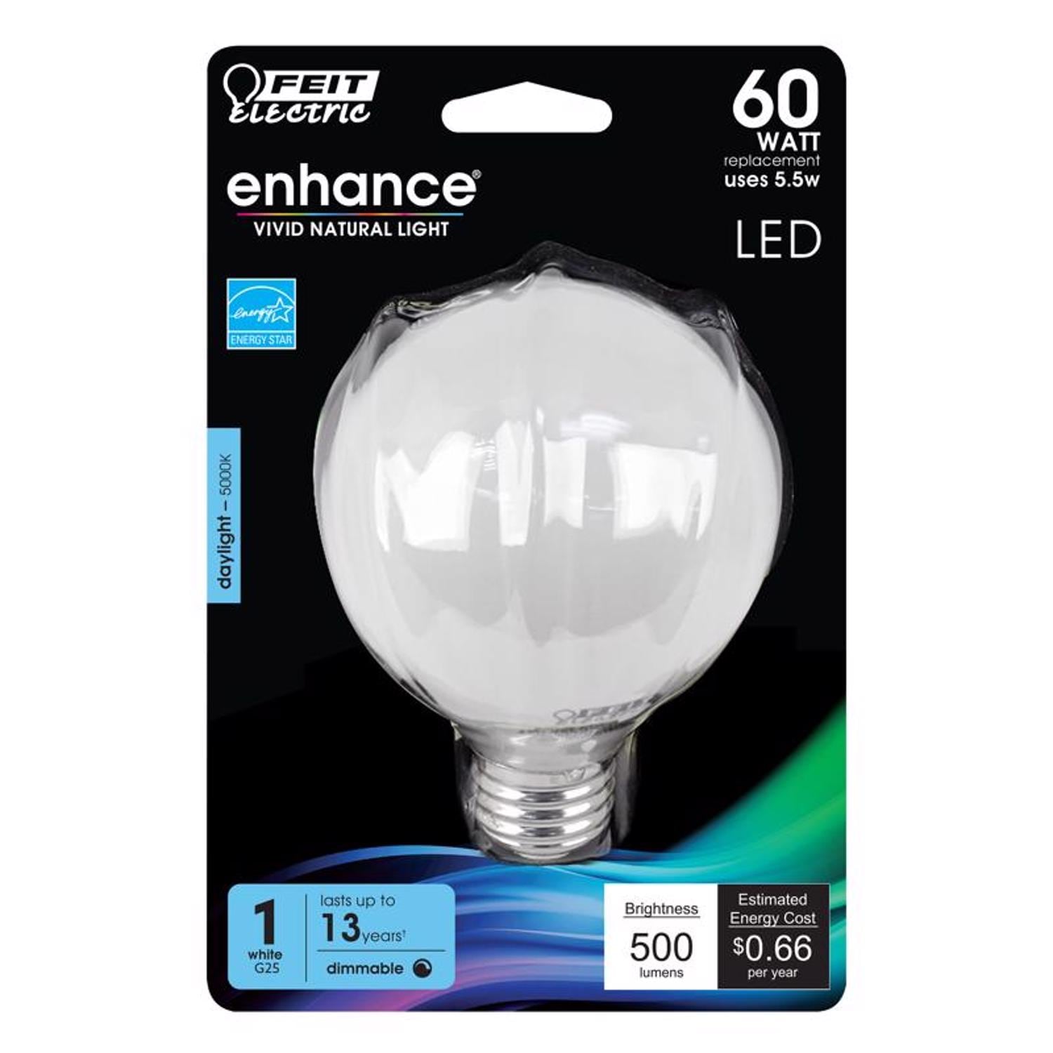 Feit Electric EJD3911781 Enhance G25 E26 Medium Filament LED Bulb Daylight 60 Watt Equivalence 1 pk