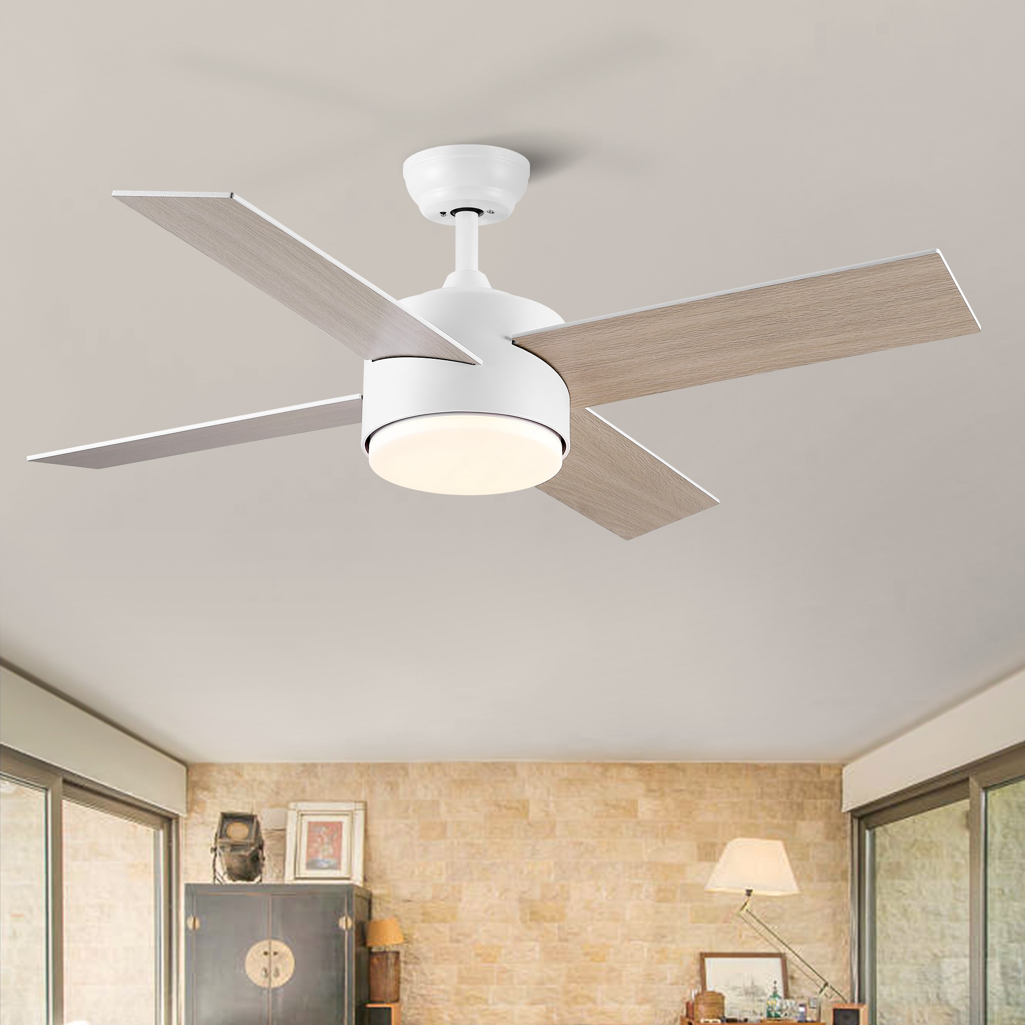 YUHAO LSAC1084WH442 Airedpro 44-in Color-Changing Integrated LED White with Matte Blades Ceiling Fan With Light and Remote ( 4 -Blade )