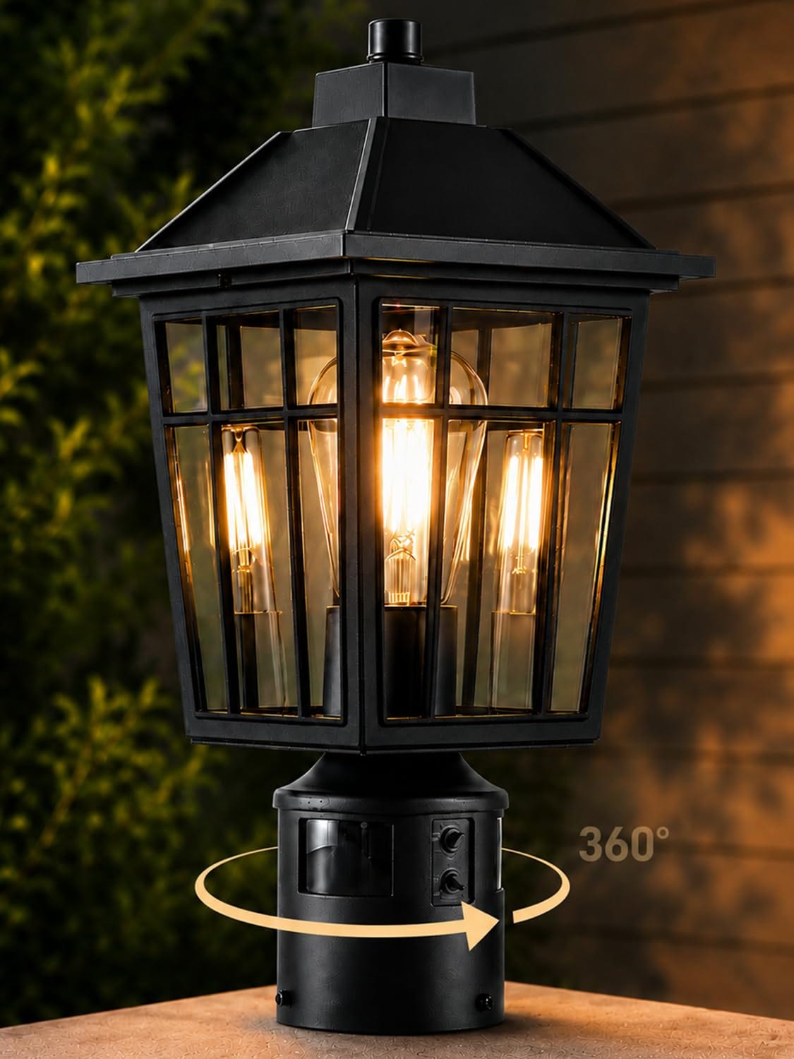 Lukvuzo  Outdoor Post Light with 360 Degree Motion Sensor Dusk to Dawn Hardwired Pole Lantern Waterproof Anti Rust Aluminum Black