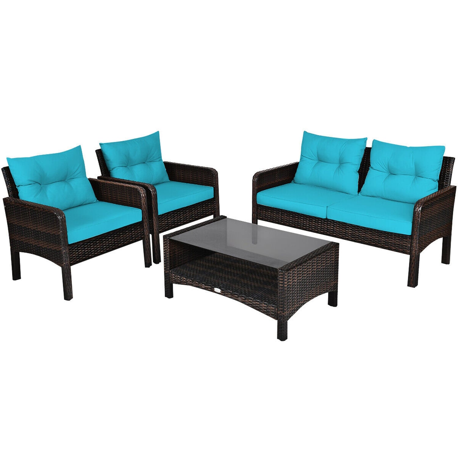 Forclover HYFE-68637ATU Patio Conversation Sets 4 -Piece Wicker 2 Patio Sofa Conversation Set with Blue Cushions