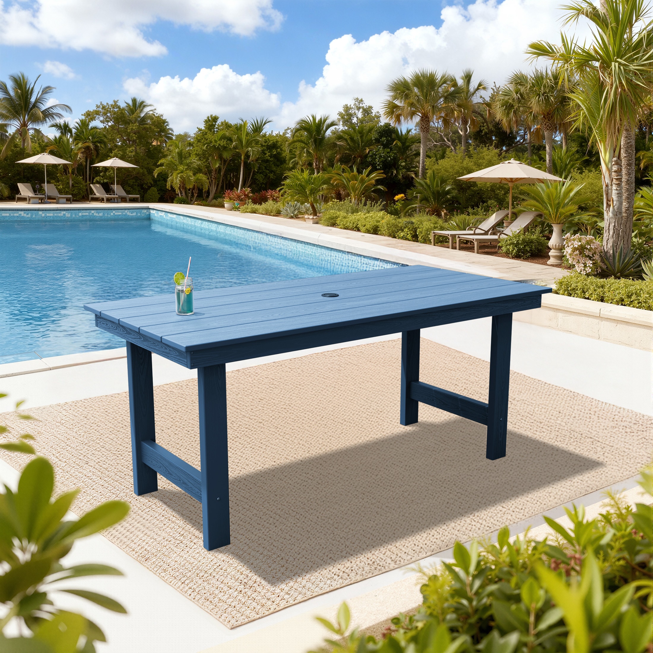Serwall Rectangle 66.93-in L x 32.28-in W HDPE Patio Dining Table with Umbrella Hole Outdoor for 6 for Deck Backyard