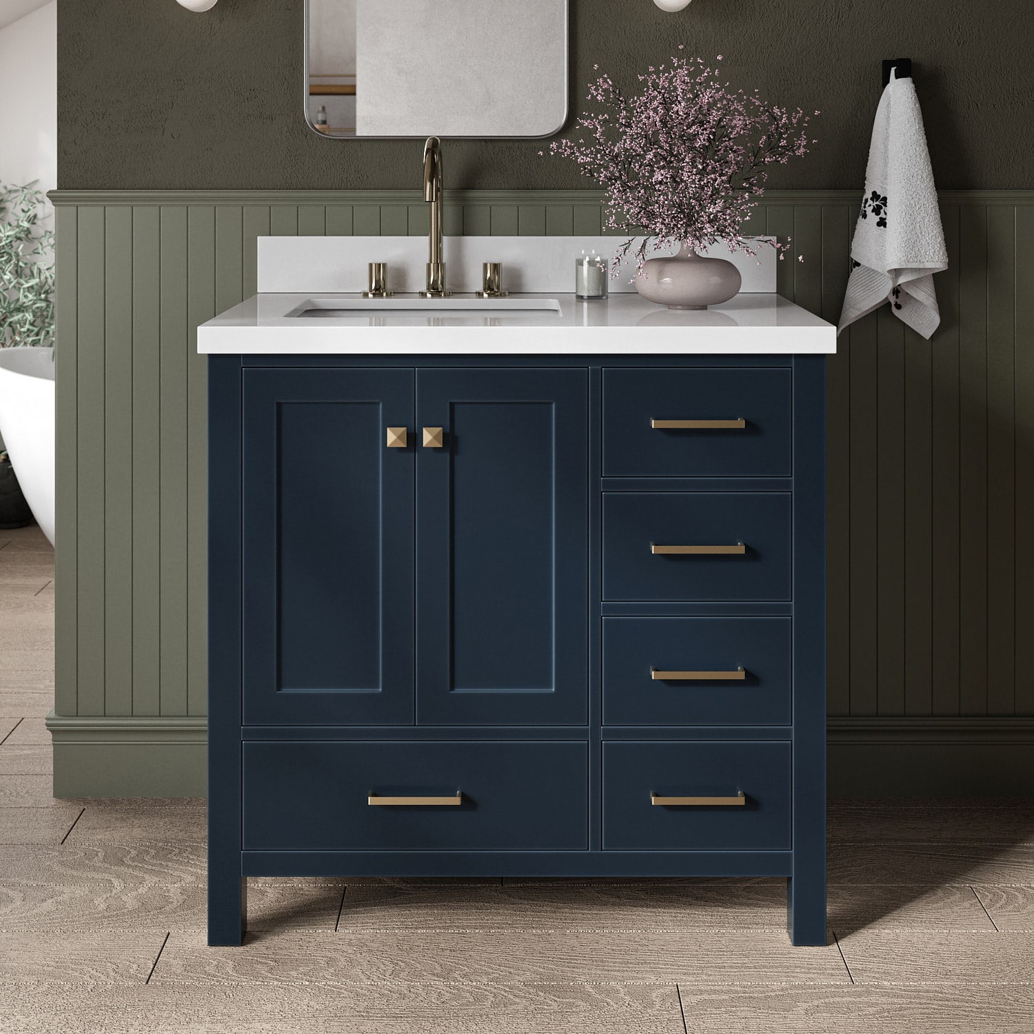 ARIEL A037SLWQRVOMNB Cambridge 37-in Midnight Blue Undermount Single Sink Bathroom Vanity with Pure White Quartz Quartz Top