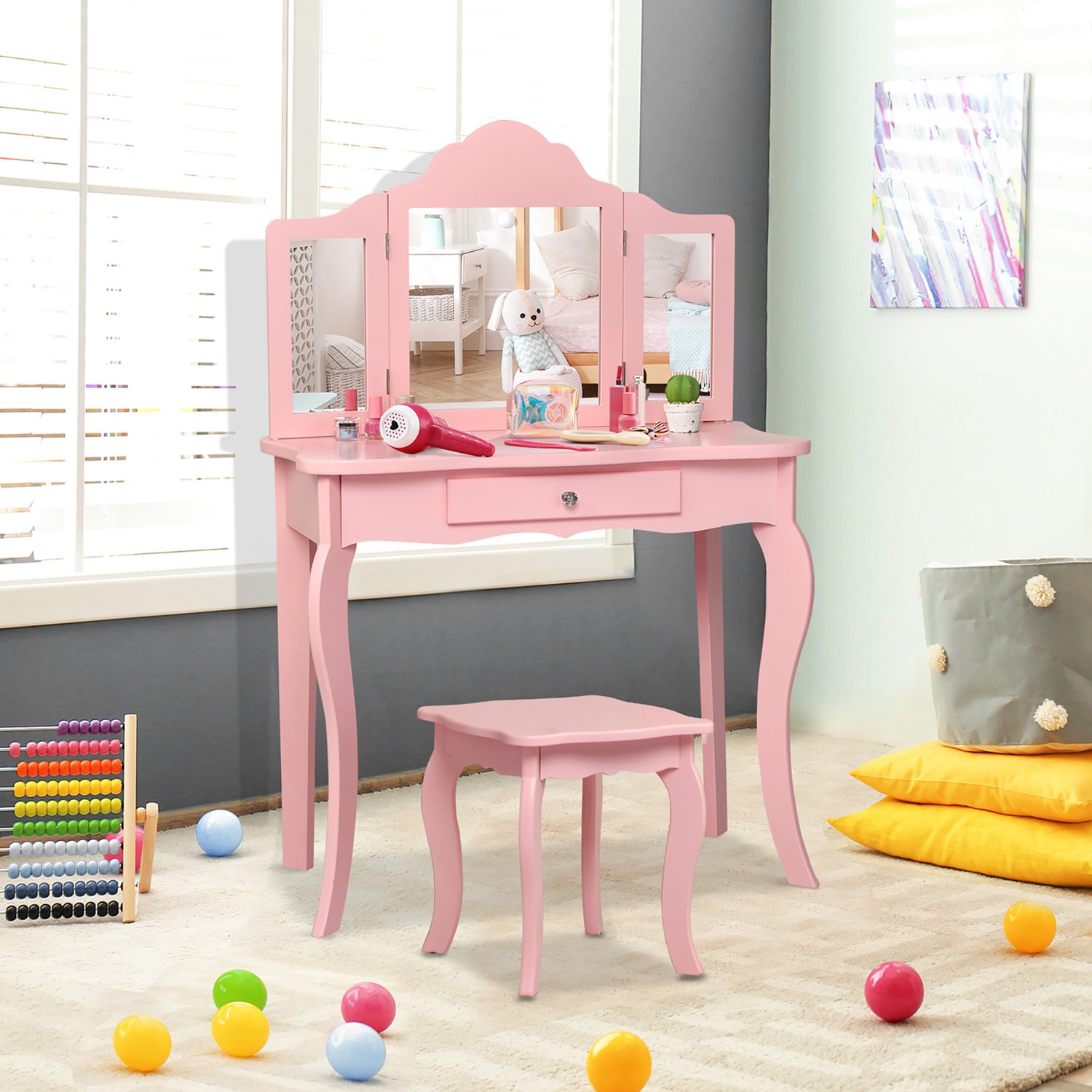 Costway CSHY000052 Kids Vanity Table and Stool Princess Dressing Make Up Play Set for Girls Pink