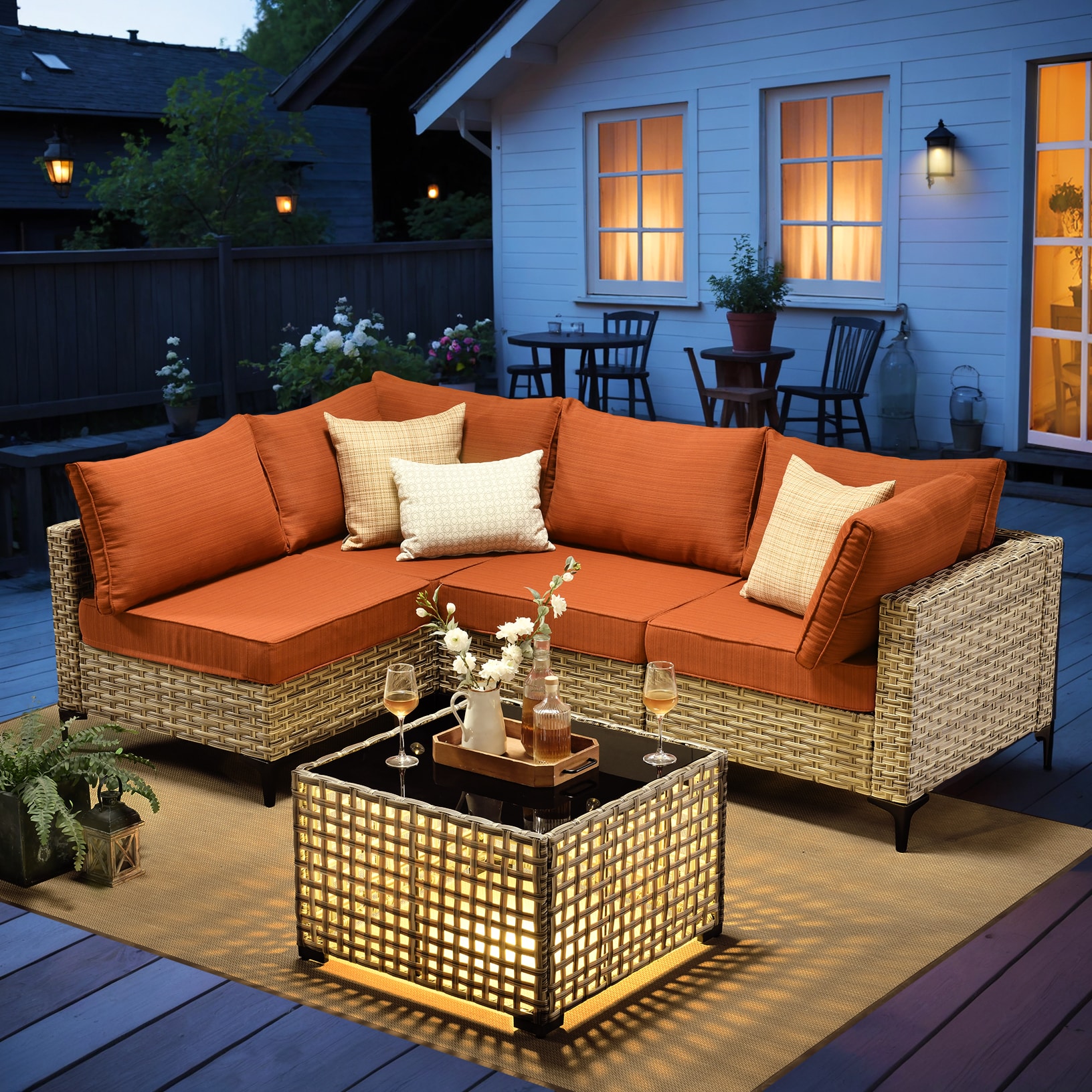 Caodoc L5-SKT805-1 SKT Rattan Outdoor Sectional with Orange Cushions and Wicker Frame