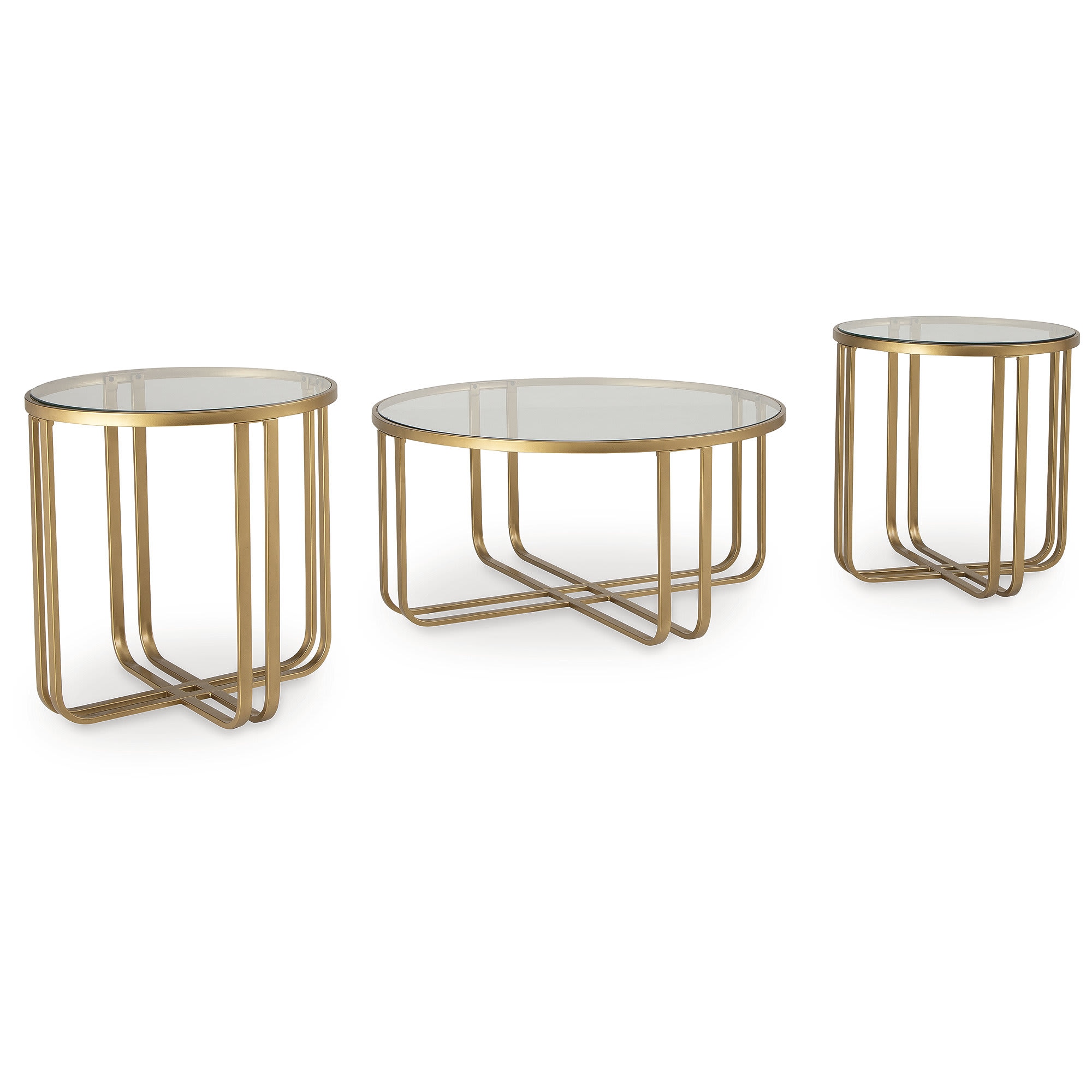Signature Design by Ashley Milloton Gold Metal and Clear Glass 3 Piece Occasional Table Set with Modern Geometric Base