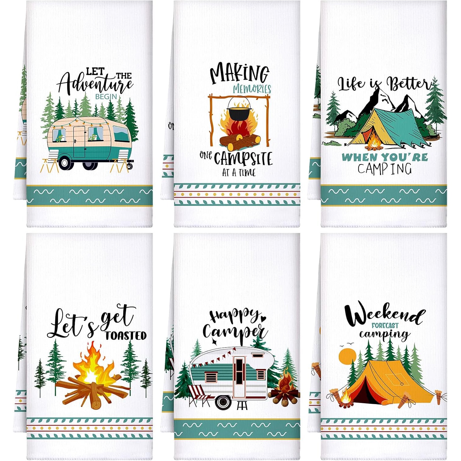 Etokfoks  Set of 6 Camping Kitchen Towels White Absorbent Dishcloth Bonfire Tent Car Tea Towels 24 x 16 Inches with Funny Sayings Novelty