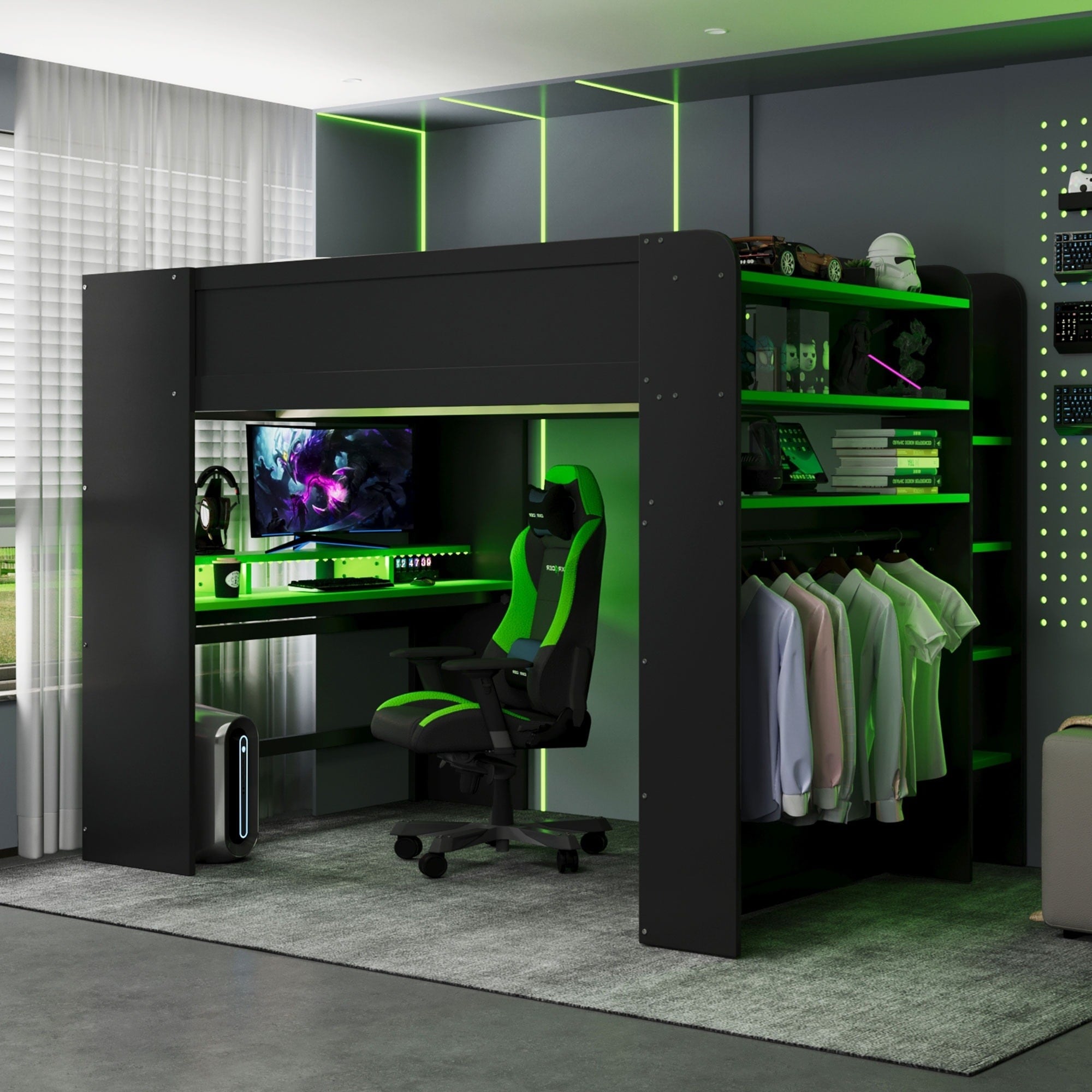 UOI 85 inch L x 57 inch W x 65 inch H Green Wood Full Size Bunk Bed with Height-Adjustable Desk and RGB Light