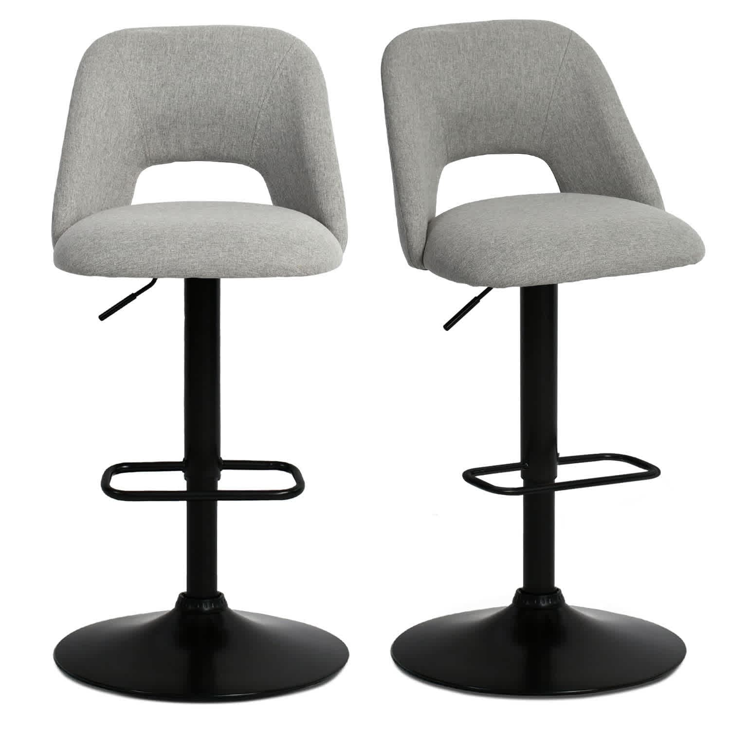 Maison Boucle EDWIN-ADJ-GREY Set of 2 Gray Upholstered Swivel Bar Stools with Back Adjustable Height for Kitchen Island Counter