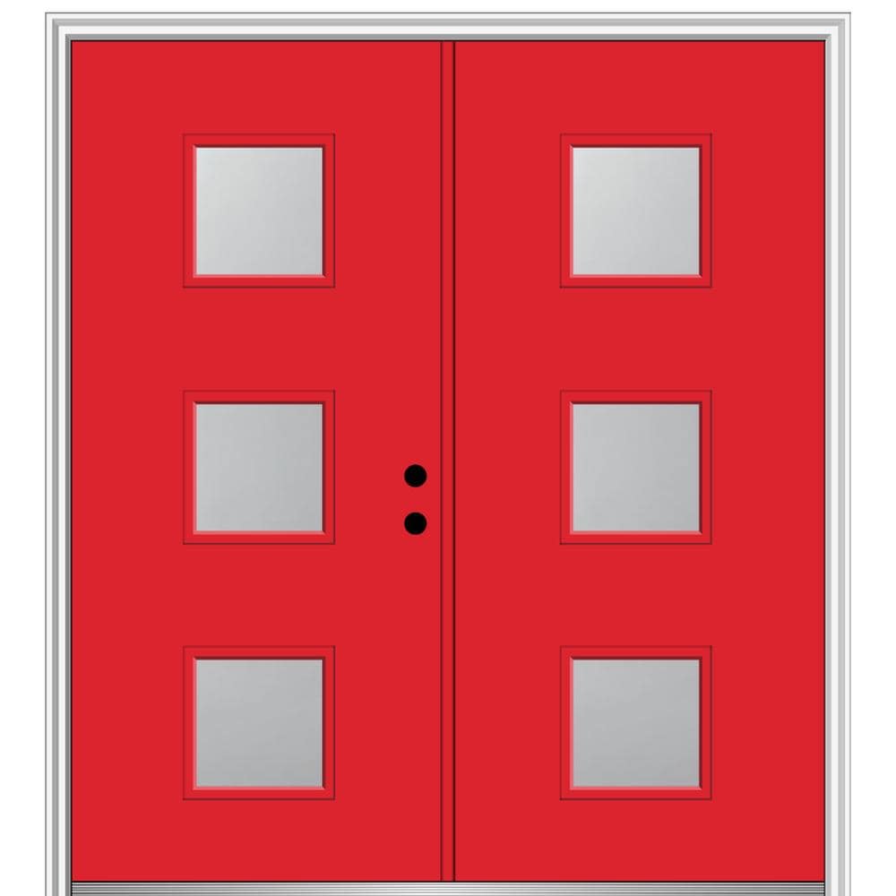 MMI DOOR ZZ347447L Spotlights 60-in x 80-in x 4-9/16-in Fiberglass Pulse lite Left-hand inswing Red Saffron Painted Prehung Double Front Door with Brickmould Insulating core