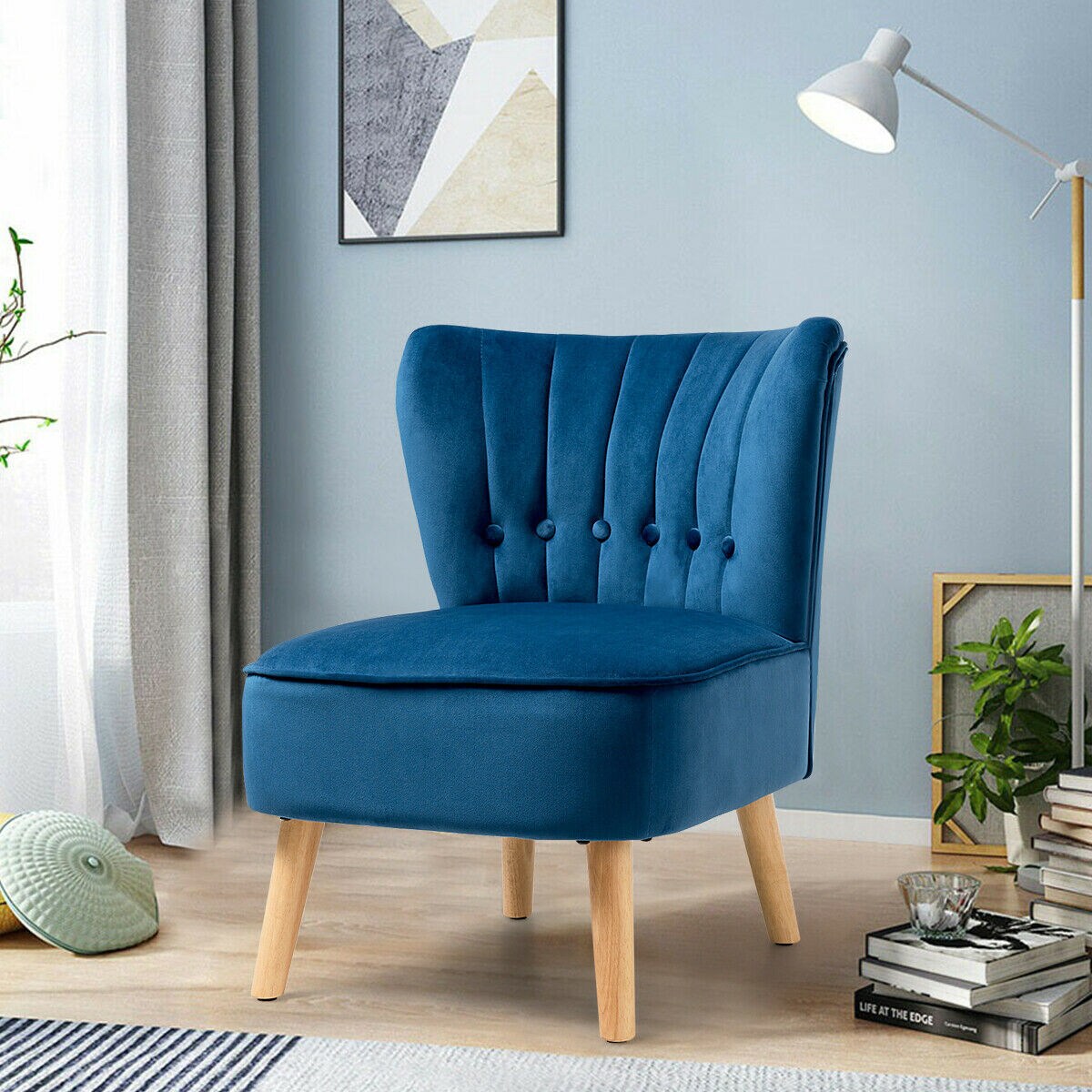 small blue velvet chair