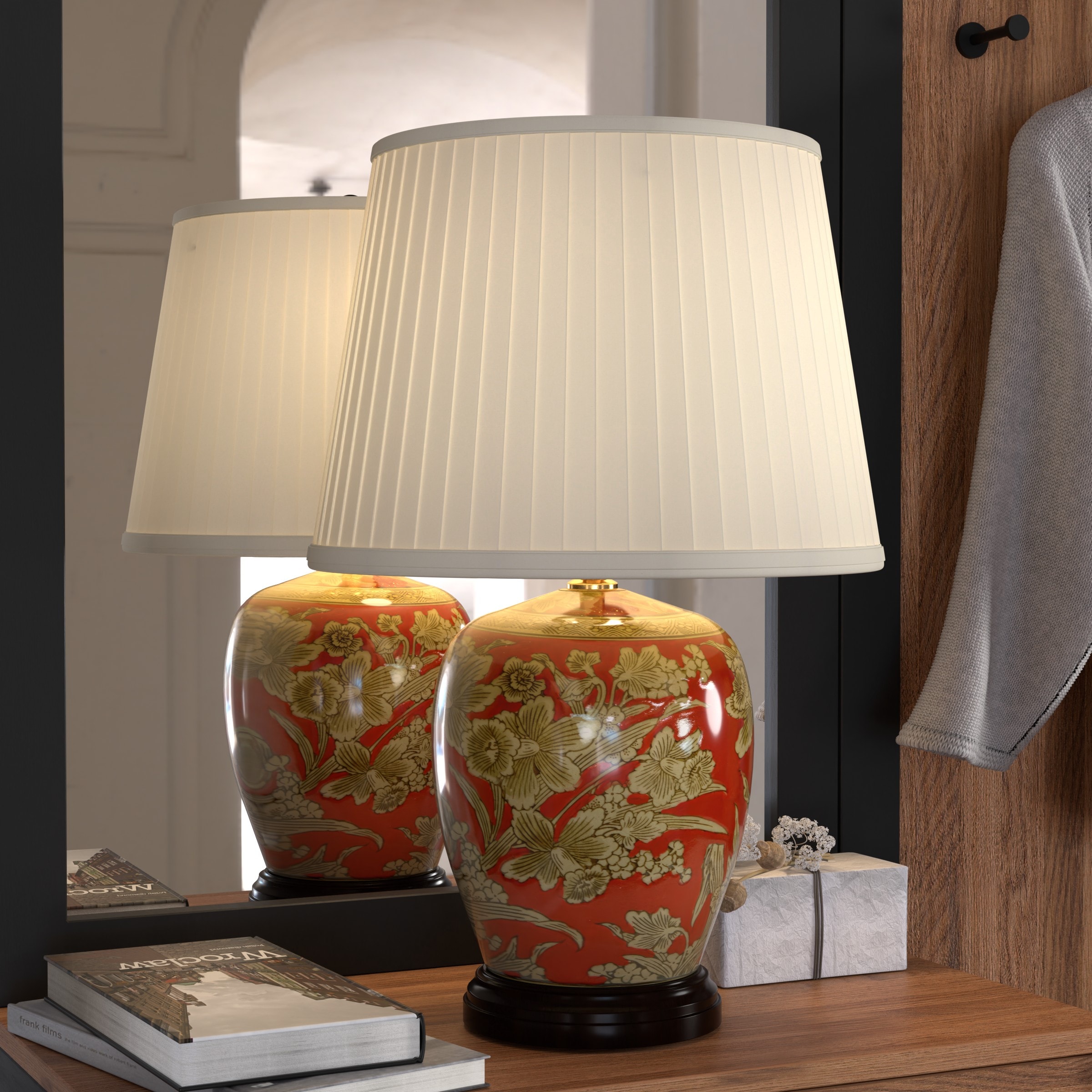 Red Porcelain Floral Jar Lamp with Off-White Shade