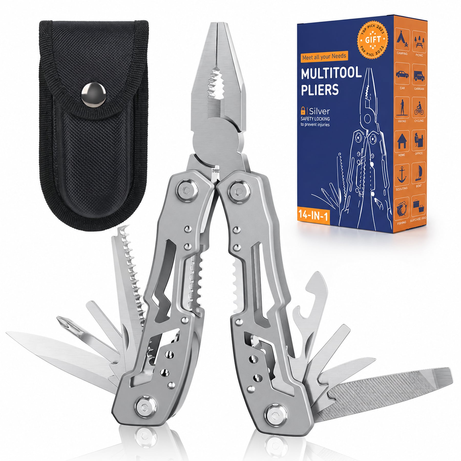 Linder Group Inc 14 in 1 multitool pliers stainless steel portable folding pocket knife with safety locking includes screwdrivers file can opener bottle opener #L3MD3KDL