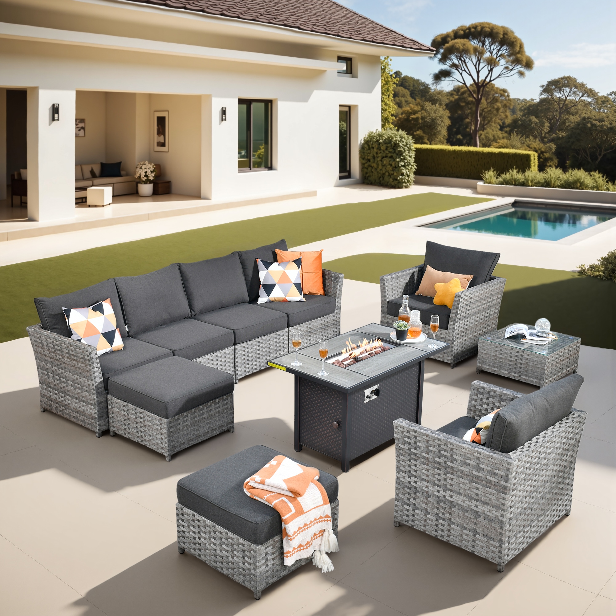 Pouuin SCFPBRS109 Wicker Outdoor Sectional with Black Cushions and Wicker Frame