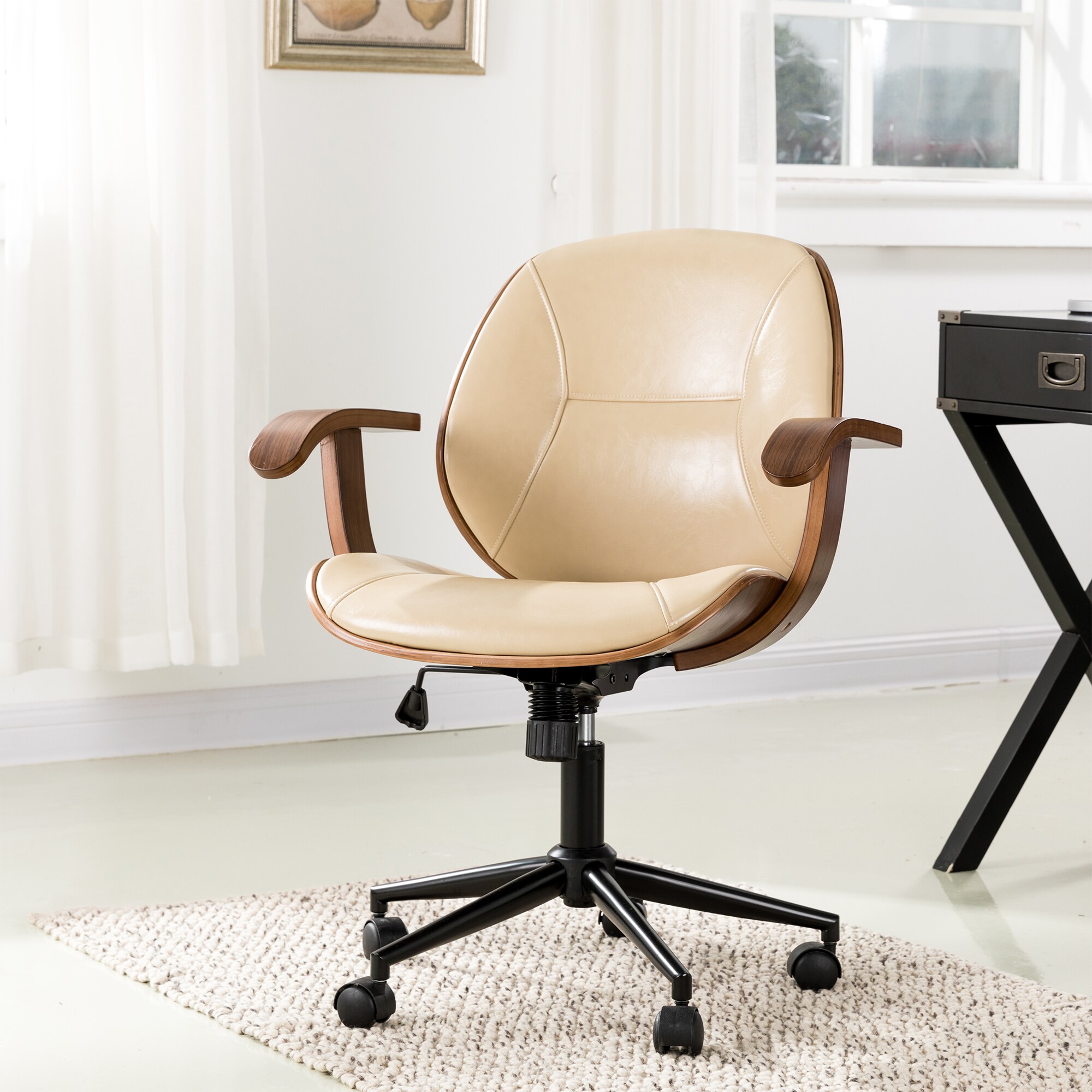 Glitzhome Leatherette Executive Office Chair with Pneumatic Lift, Cream, White