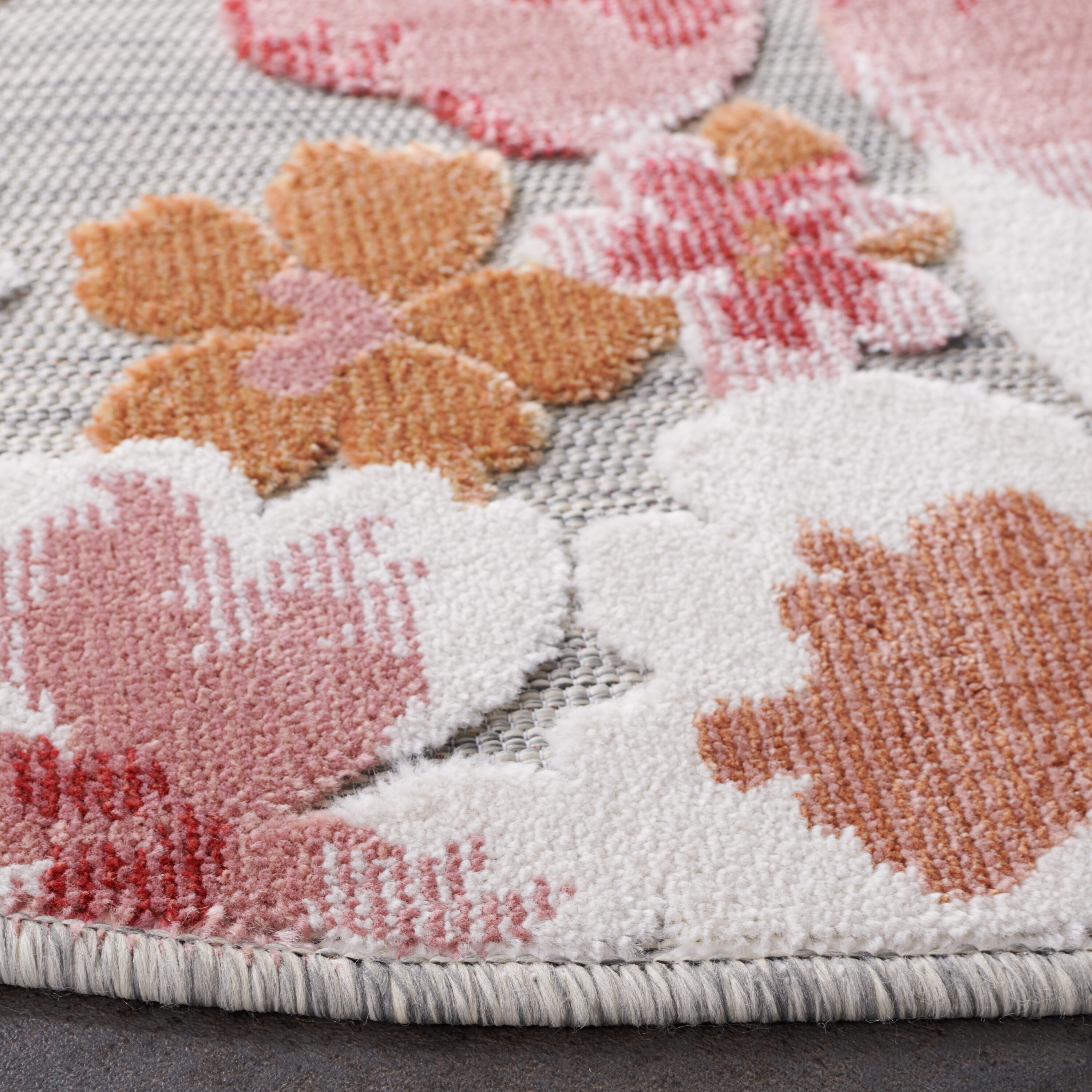Gray and Pink Floral Round Synthetic Indoor/Outdoor Rug