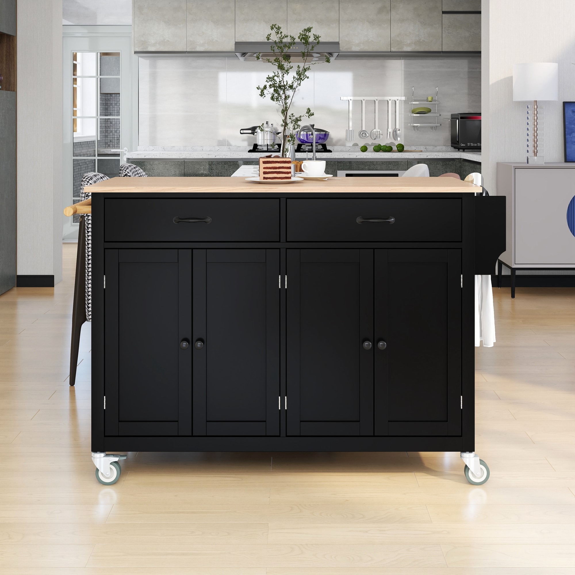 BABOOM BOM-6911AAB-OR Black MDF Base with Wood Wood Top Rolling Kitchen Island ( 18.5-Inches x 54.3-Inches x 36.22-Inches )