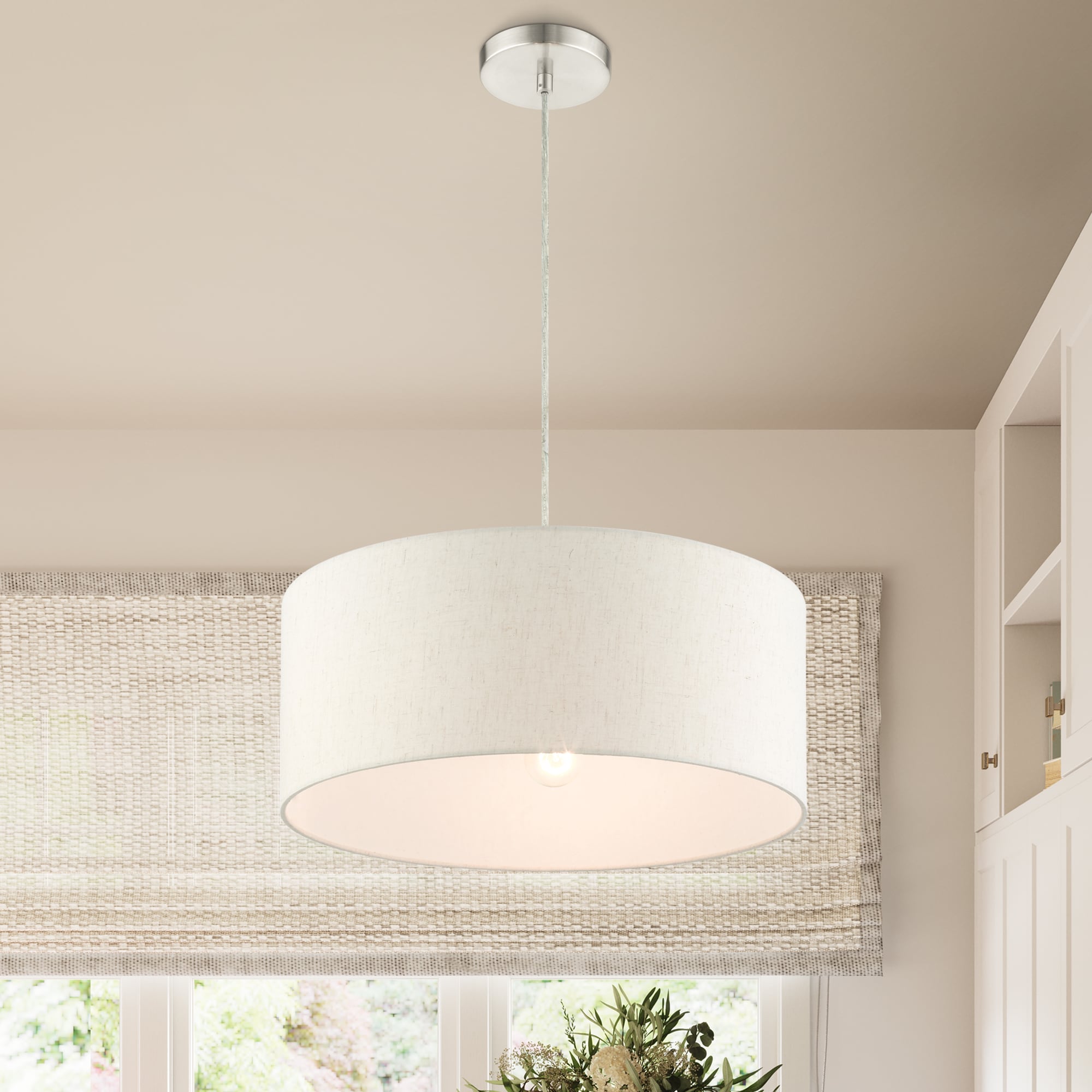 Meadow Brushed Nickel 3-Light Drum Pendant with Oatmeal Shade