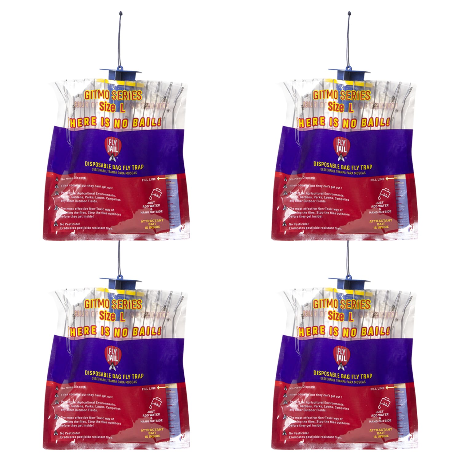FLYJAIL FJLB4 4 Fly Jail Large Bag Outdoor Fly Traps, Prebaited Outdoor Insect Trap (4-Pack)