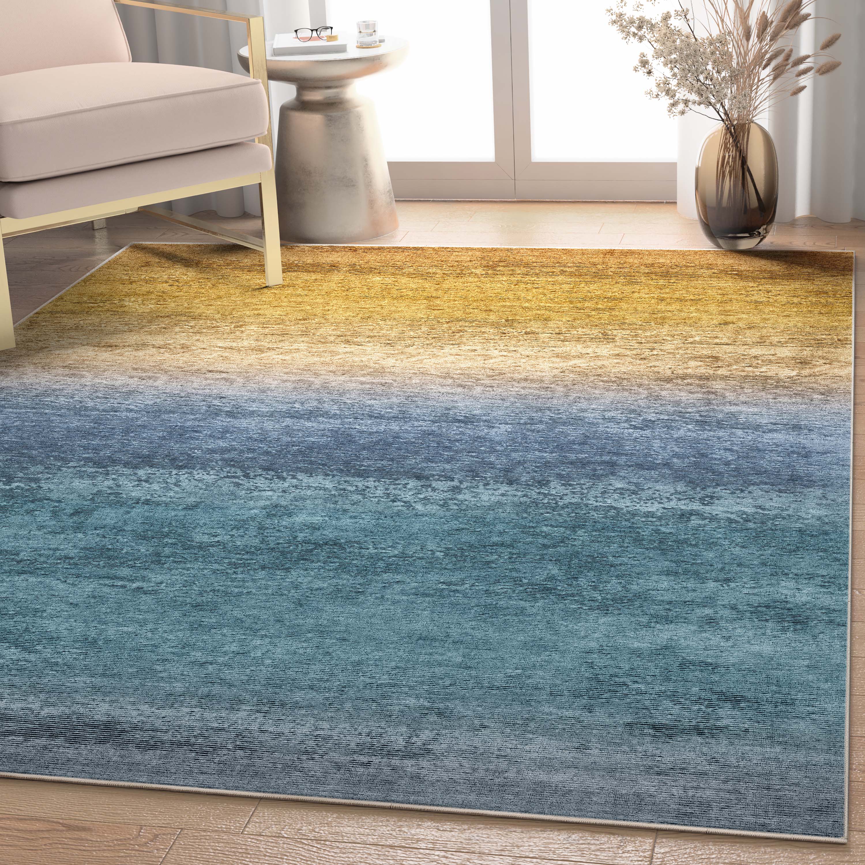 Well Woven W-AB-33C-5 Abstract 5 x 7 (ft) Flatweave Polyester Blue Gold Rectangular Indoor Stripe Mid-Century Modern Area rug