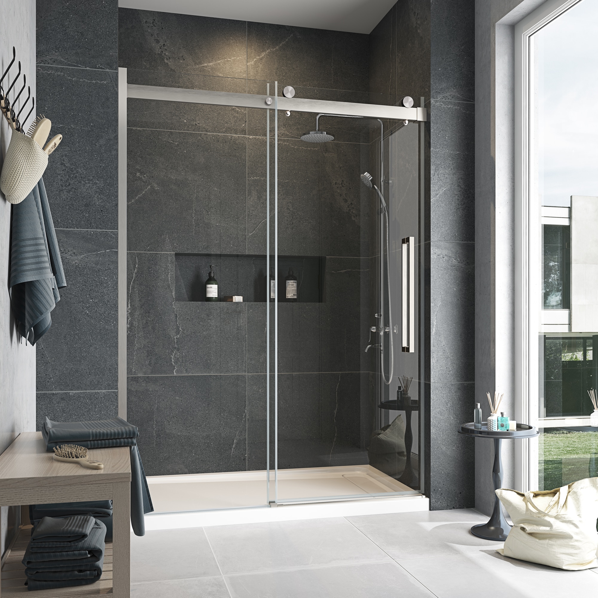 OVE Decors Bel Soft-Close Satin Nickel 58-in to 60-in x 78.75-in Frameless  Sliding Soft Close Shower Door in the Shower Doors department at