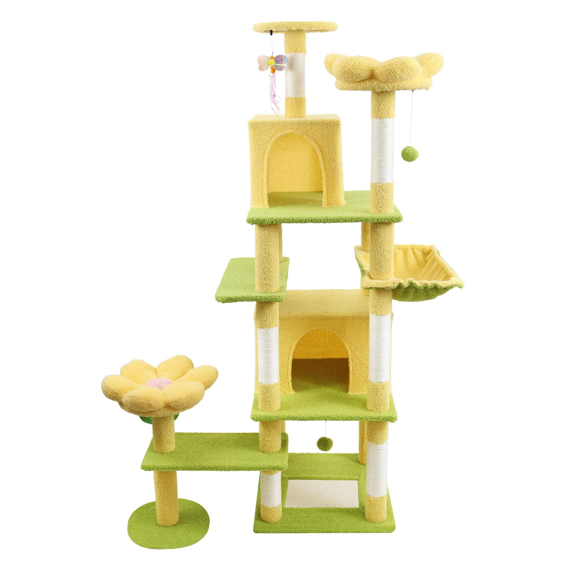 Vynxaria LEXY1545-DJCW-MPJ014 SunBloom Yellow Large Sisal Floral 71In Eight Level Cat Tree Condo Hammock Perch Tower One