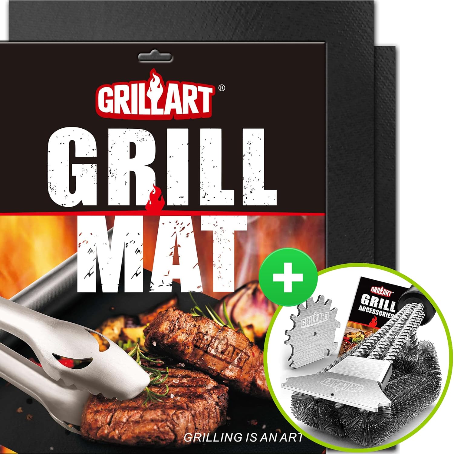 Nonstick BBQ Grill Mat Bundle with Fast Clean Grill Brush