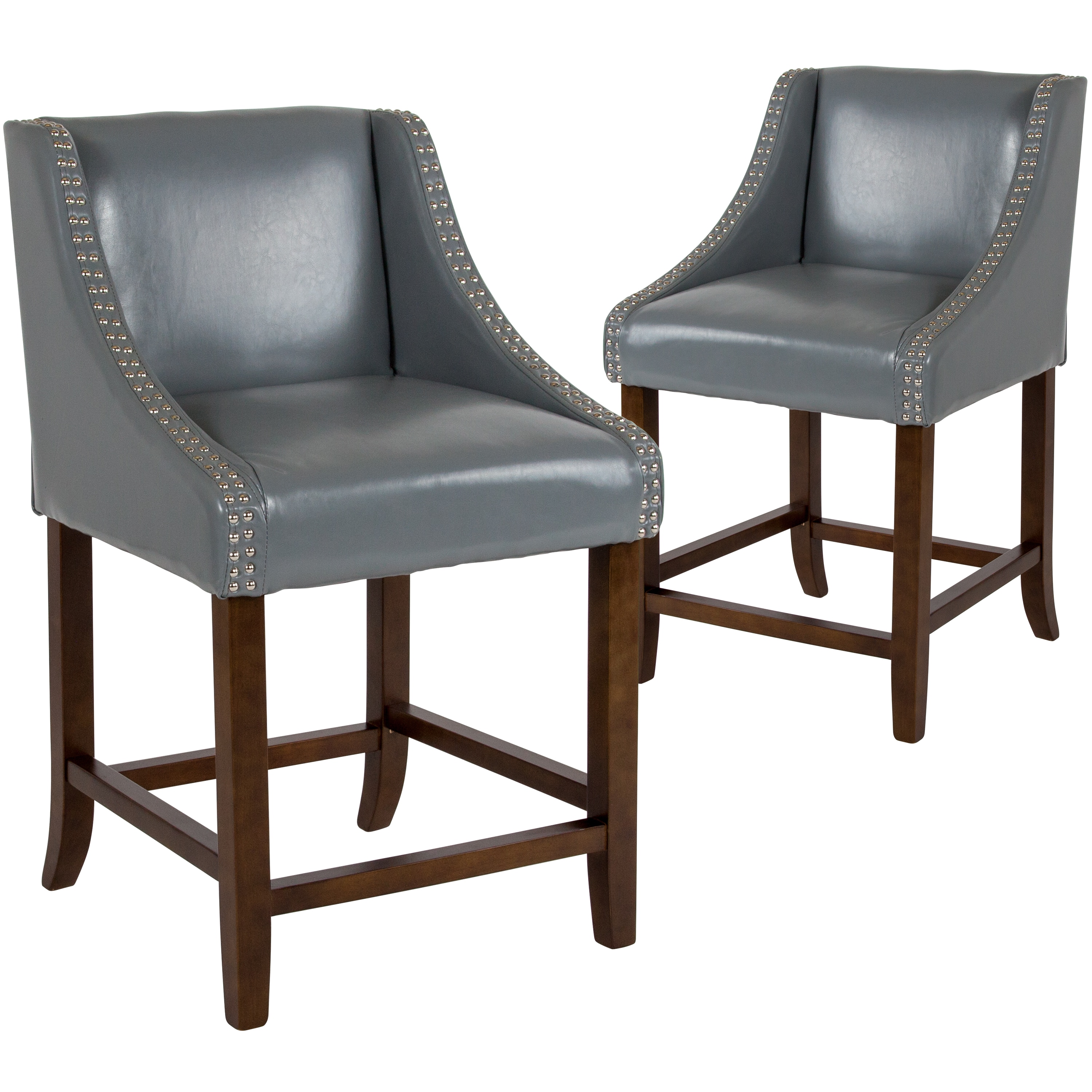 Flash Furniture 889142876618 Carmel Set of 2 Light Gray Leathersoft 25-in H Counter height Upholstered Wood Back Bar Stool with Arms and Back