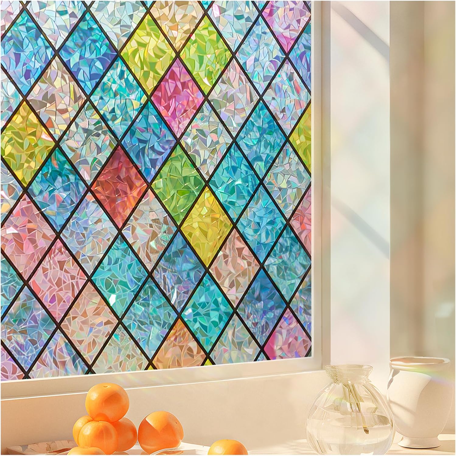 Beautysaid - Window Privacy Film Stained Glass Rainbow Window Film Decorative for Bathroom Peel ...