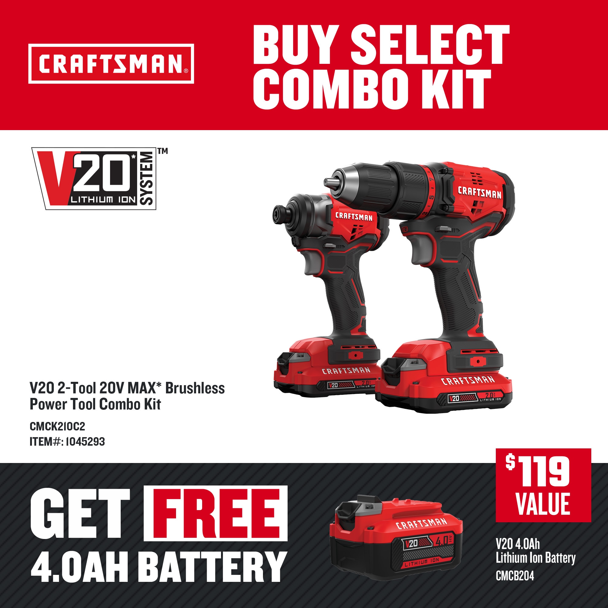 CRAFTSMAN 2-Tool Brushless Power Tool Combo Kit with Soft Case (Li-ion Batteries and Charger Included)