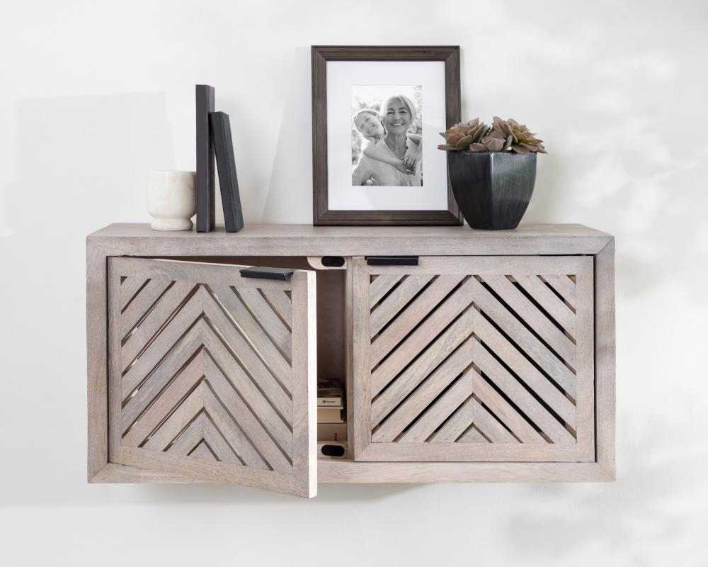 Whitewashed Mango Wood 2-Door Wall Cabinet with Chevron Design