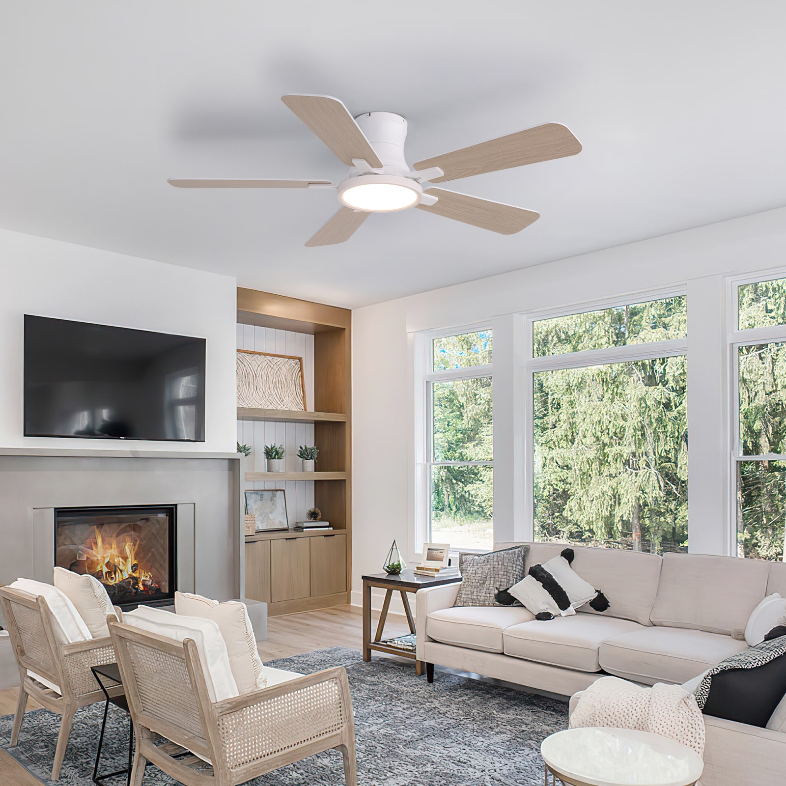 SILJOY 88623-01-MINI 44 Inch White Flush Mount Ceiling Fan with LED Light Dual Blades Change(5 Blades)For Indoor